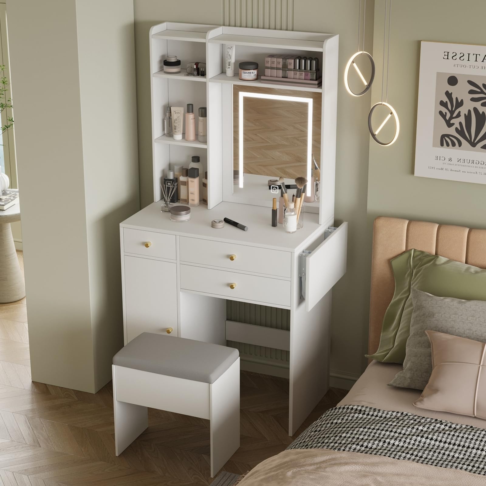 ARTETHYS Vanity Desk with Mirror and Lights White Makeup Vanities Set with Storage Chair Dressing Table with Drawer and Fold-up 