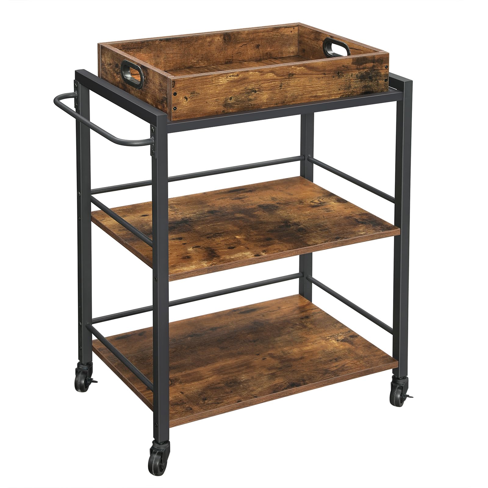 VASAGLE Industrial Bar Cart for Home, Serving Cart with Wheels and Handle, 3-Tier Beverage Cart with Removable Tray and Storage 