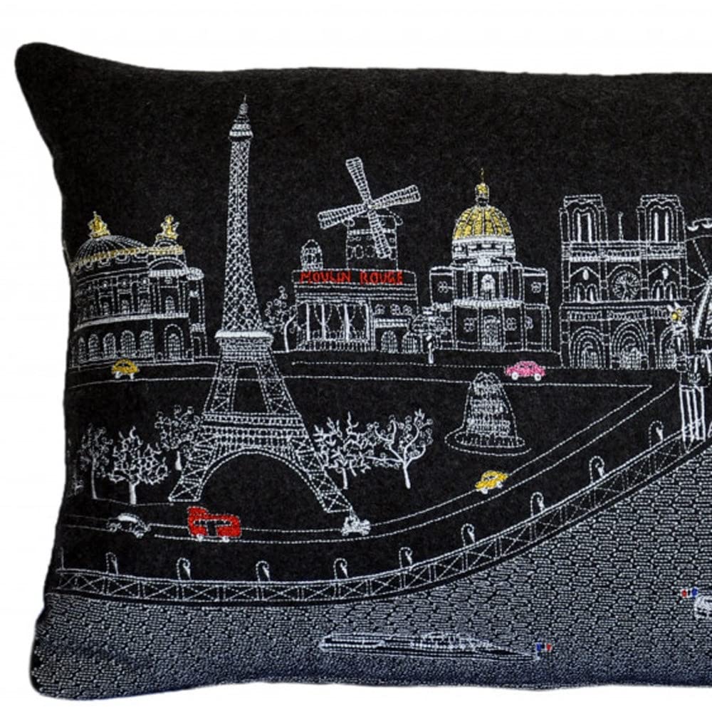 HomeRoots Grey 24' Black and White Paris Nighttime Skyline Standard Lumbar Decorative Pillow