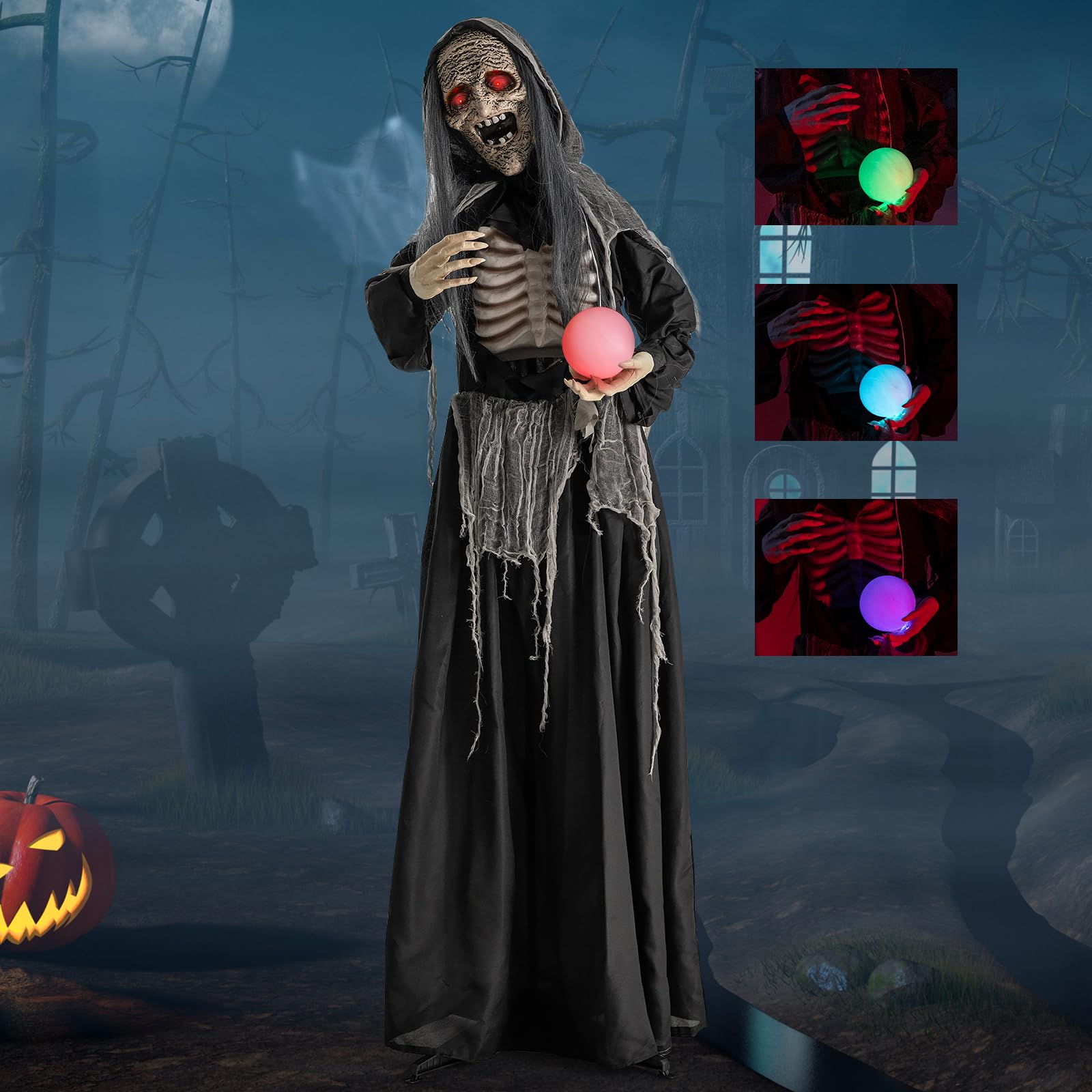 Tangkula 6 Ft Halloween Animatronics Standing Witch, Talking Animated Wicked Witch With Light Up Eyes & Magical Ball, Sound Acti