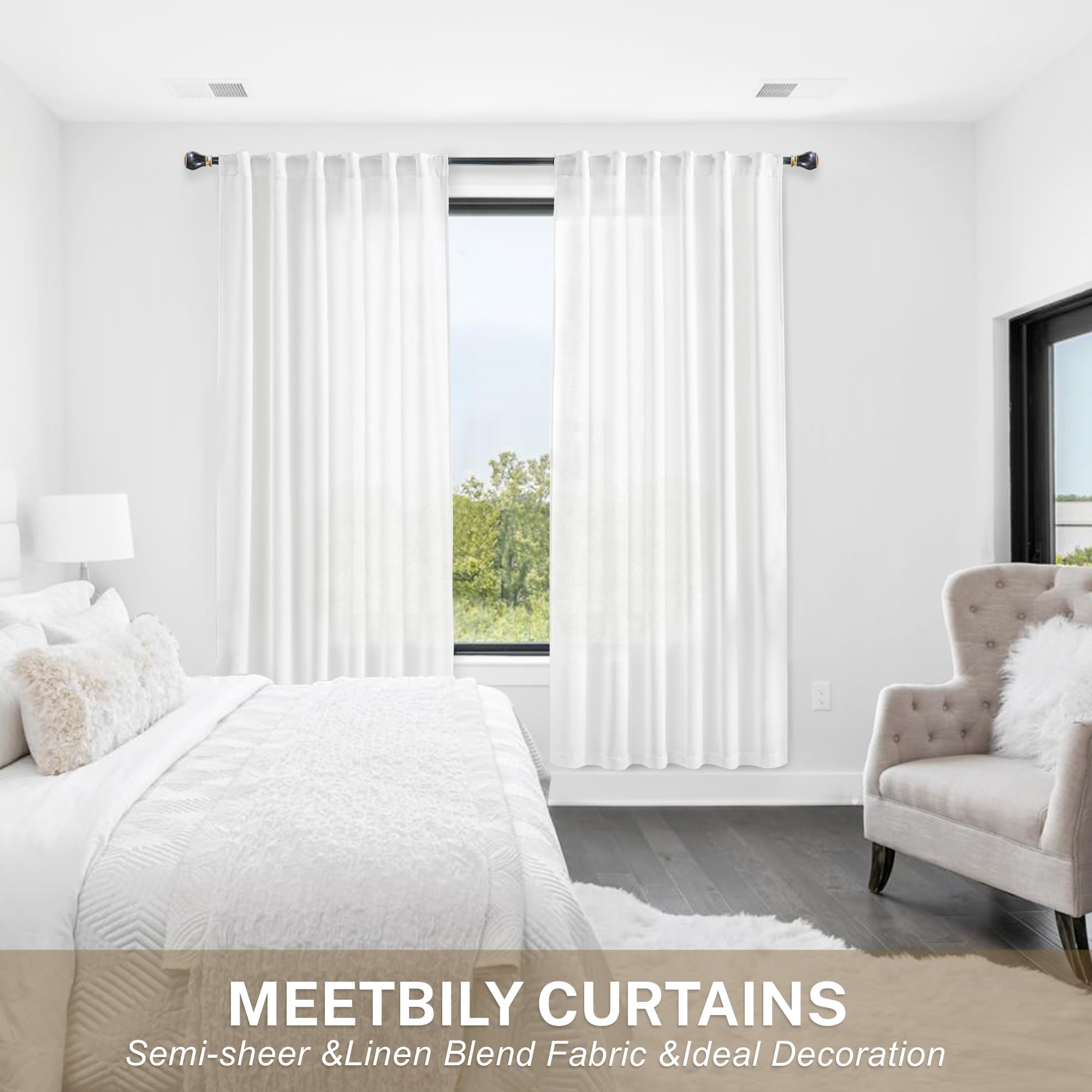 Meetbily White Linen Curtains 63 Inch Length For Living Room 2 Panels Back Tab Pocket Modern Farmhouse Semi Sheer Light Filterin