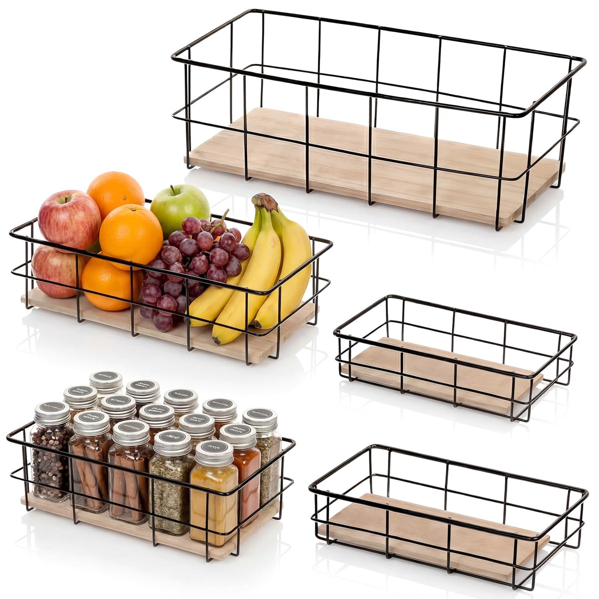 Yiyiring 5 Pack Metal Wire Basket Detachable Wood Base Storage Organizer Bin Basket Farmhouse Bin Mesh Rack for Kitchen Cabinets
