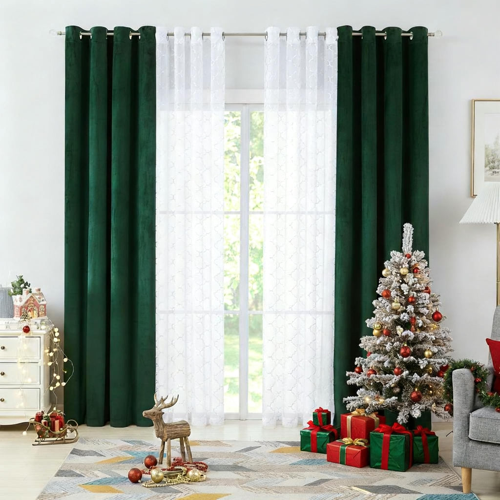 Enactex 4 Pieces Mix And Match Green Curtains Set 63 Inch For Living Room, Moroccan Silver Printed White Voile Sheer & Solid Vel