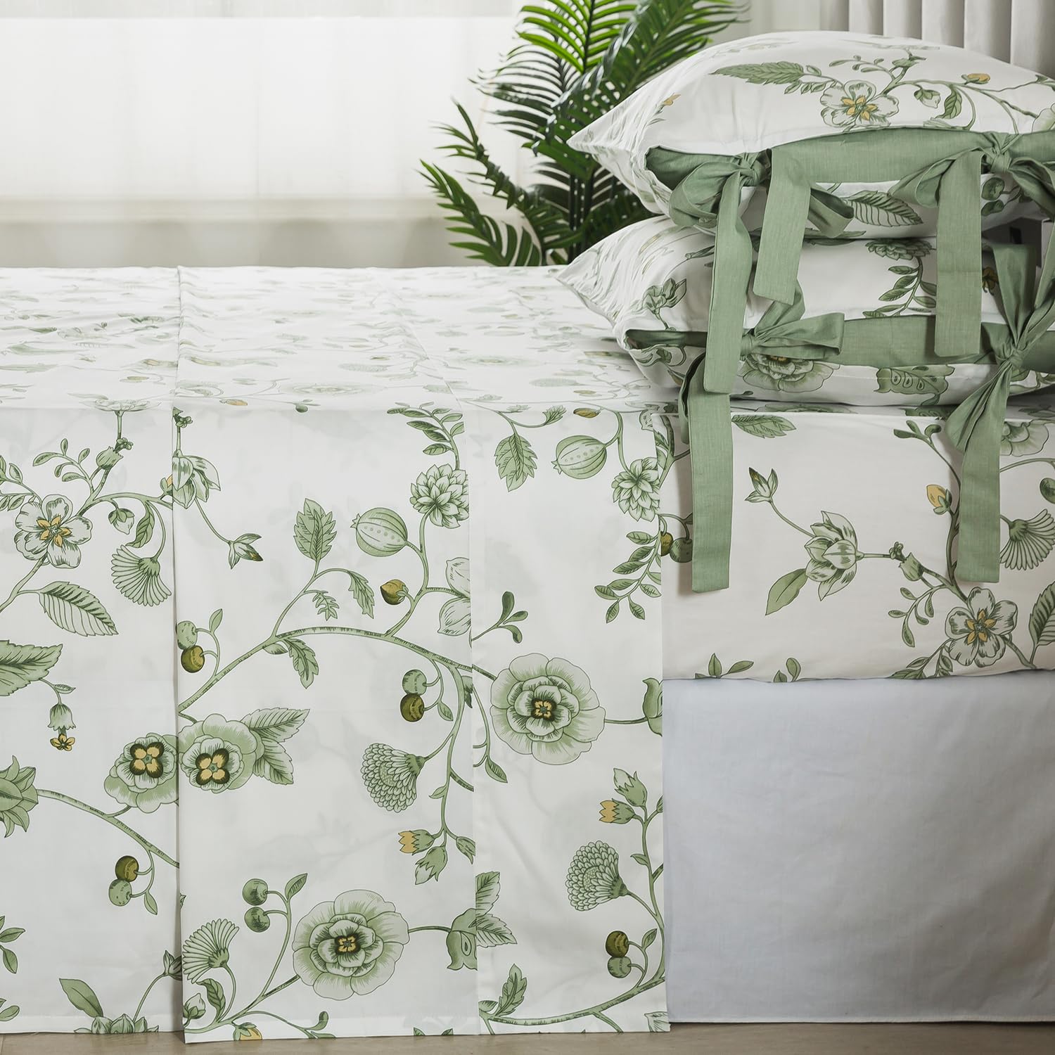Fadfay Floral Cotton Sheets Twin Green Bed Sheet Set Premium Percale Cotton Shabby Vintage Chic Flower Print With Bowknot Luxury