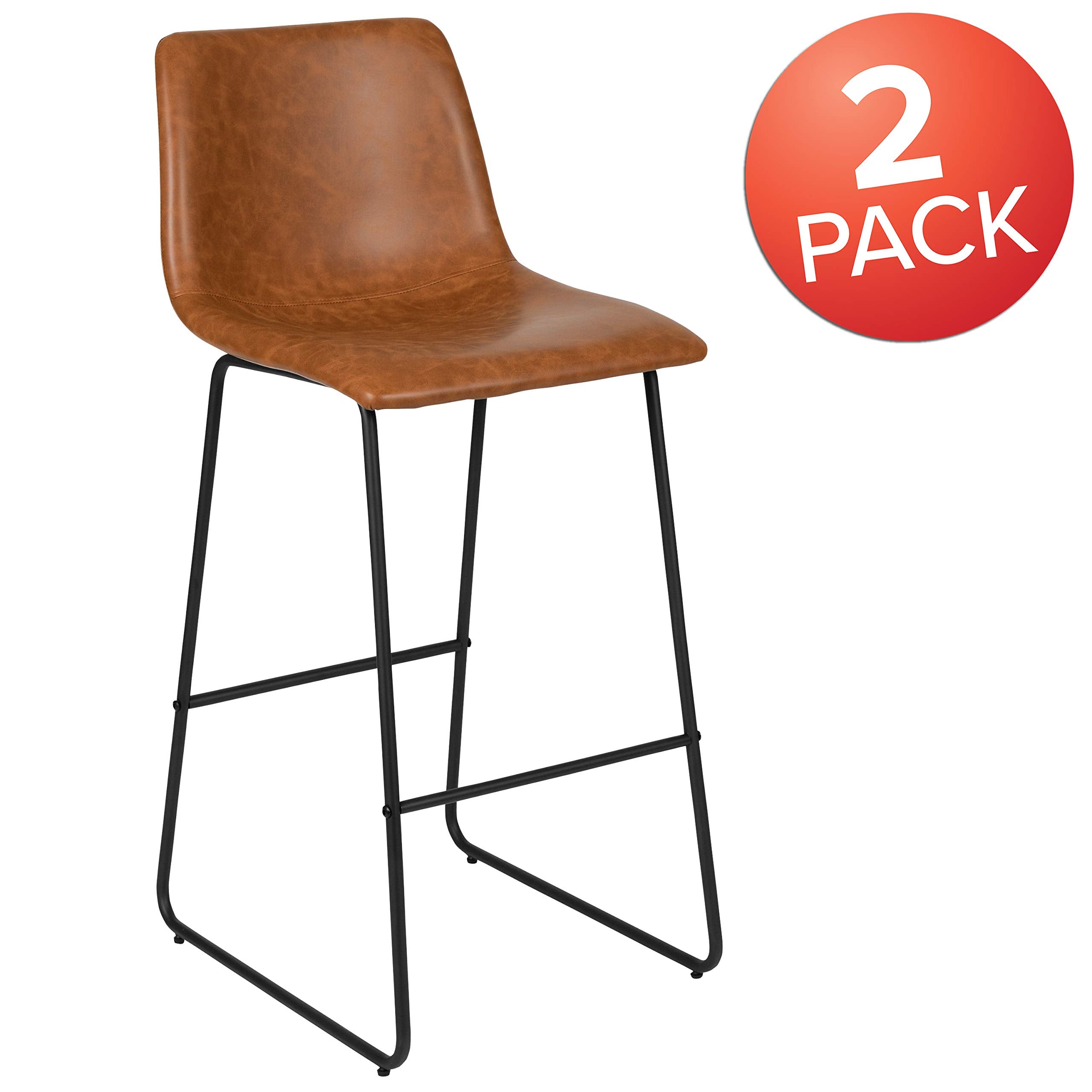 Flash Furniture Reagan 30&quot; LeatherSoft Barstools with Footrest, Mid-Century Modern Bucket Style Bar Height Stools, Set of 2, Light Brown