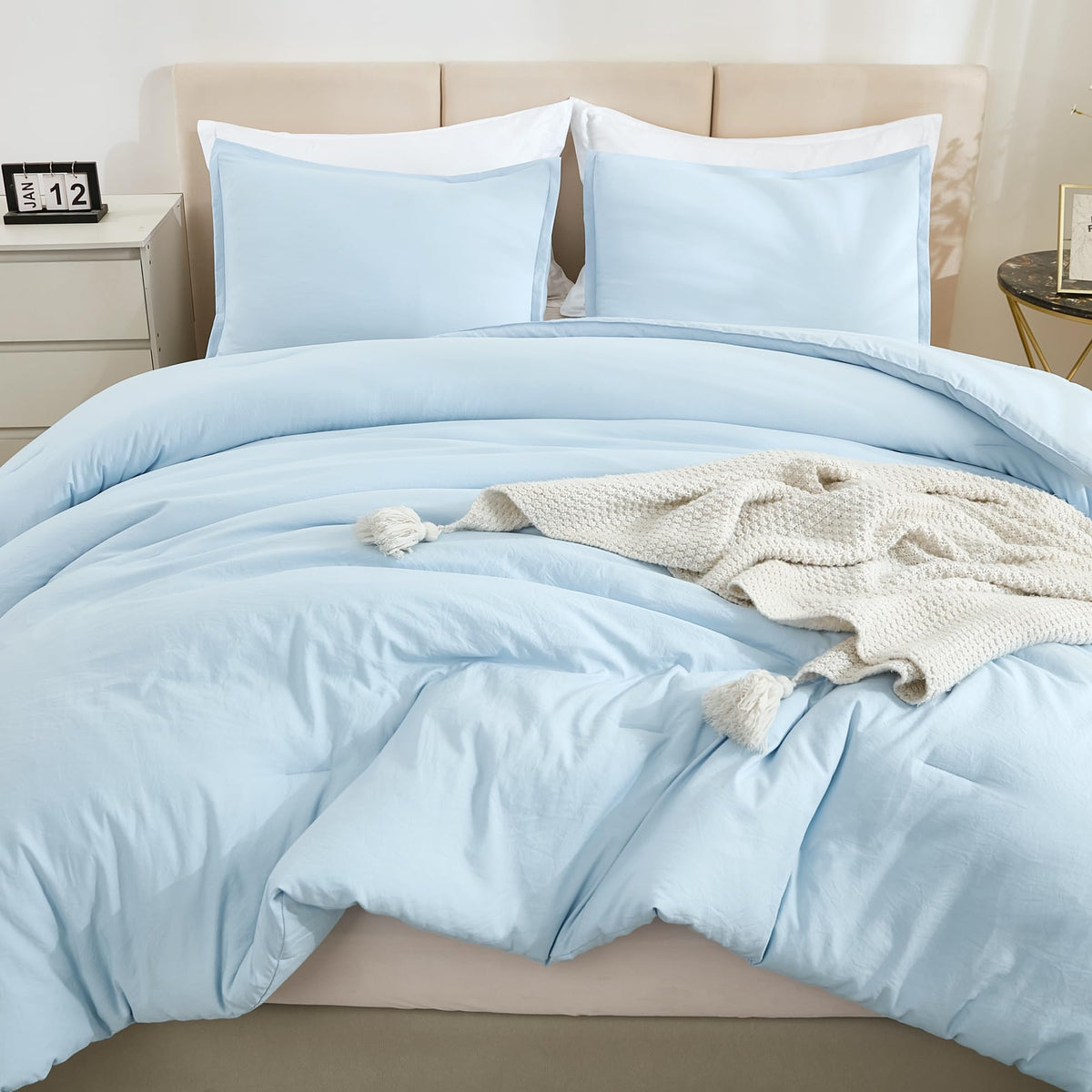 Litanika Comforters Light Blue Queen Size, 3 Pieces Lightweight Solid Bedding Comforter Set, All Season Fluffy Bed Set (90X90In