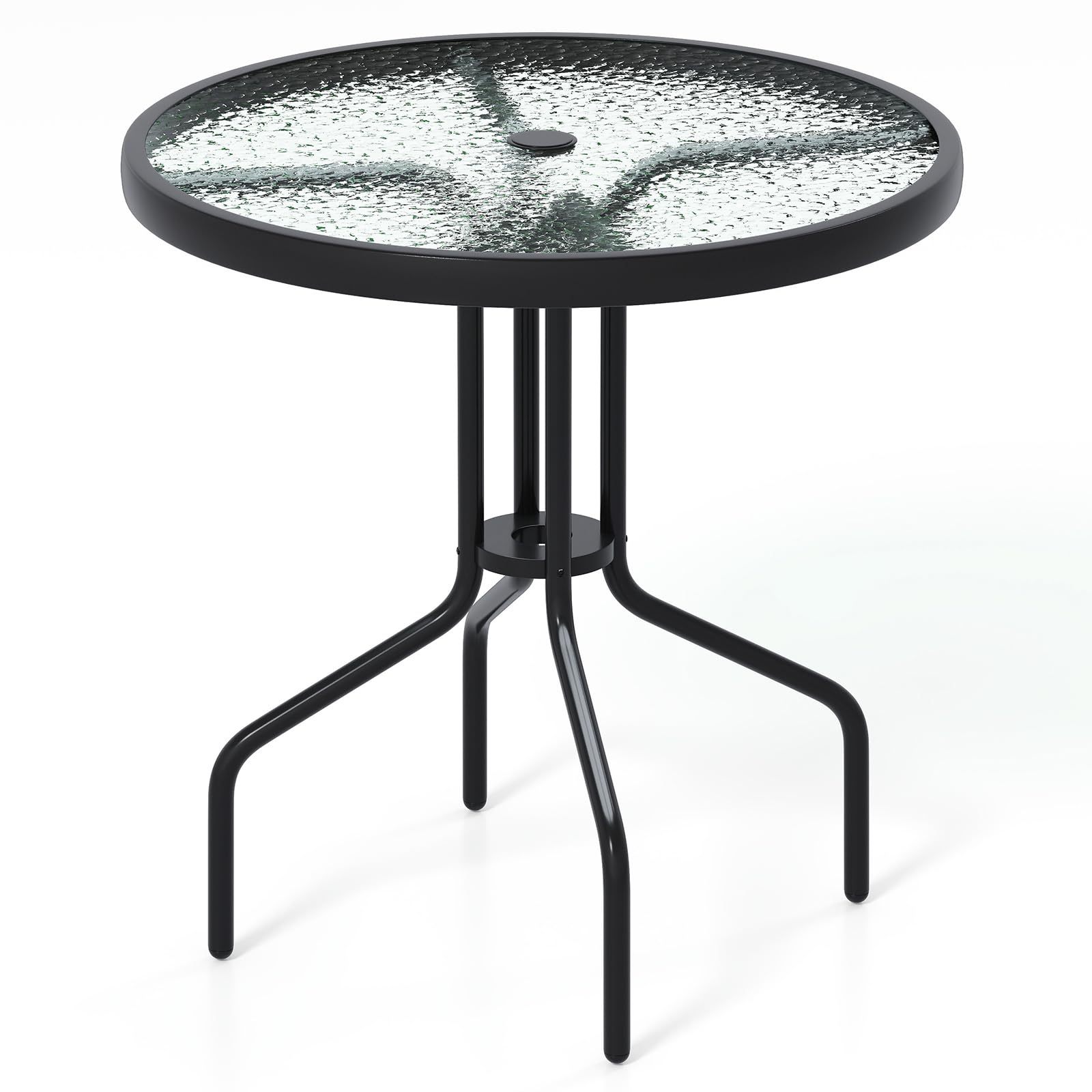 Tangkula 27.5 Inch Round Outdoor Dining Table with Tempered Glass Top, Outside Bistro Table with Umbrella Hole & Metal Frame, Pa