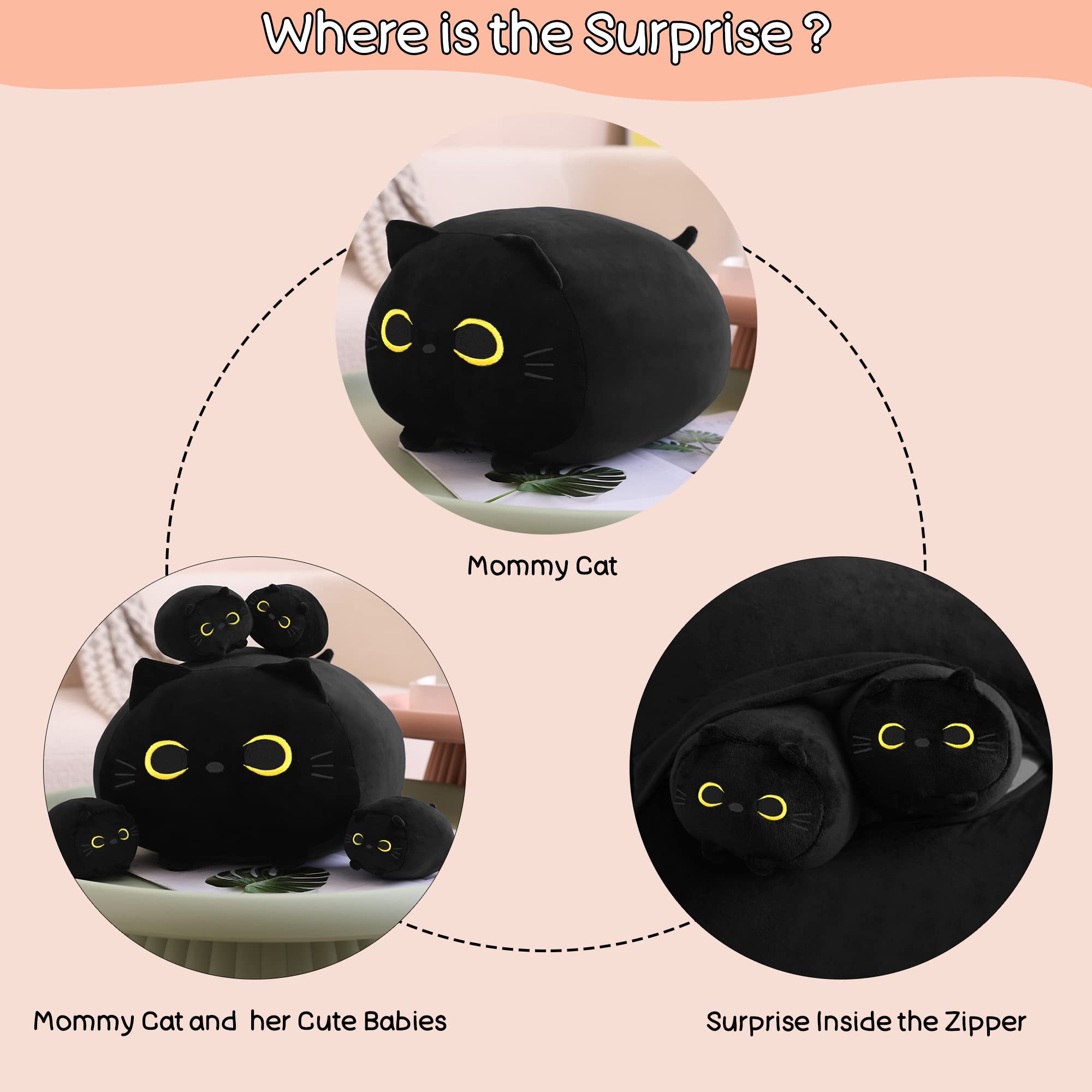 Sqeqe Black Cat Plush, Black Cat Stuffed Animals Plushie With 4 Cute Babies Cat Plushies In Her Tummy, Soft Black Cat Plushie Pi