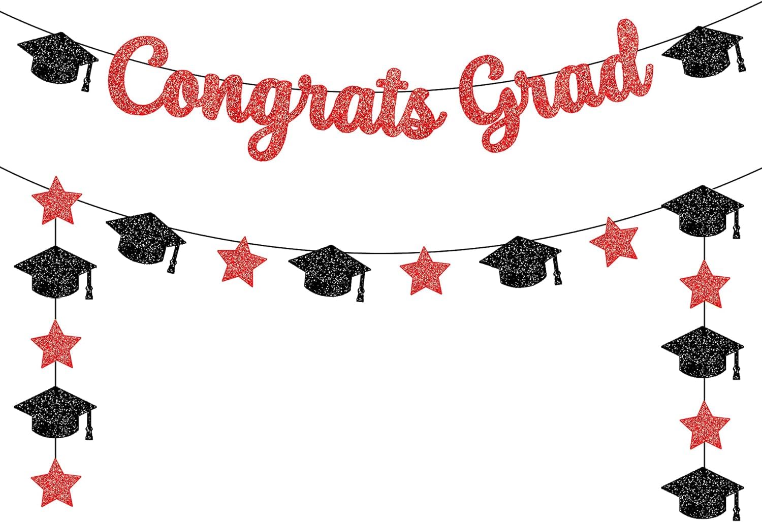 KatchOn, Glitter Congrats Grad Banner Red and Black - 10 Feet | Black and Red Graduation Banner, Grad Cap Garland for Graduation