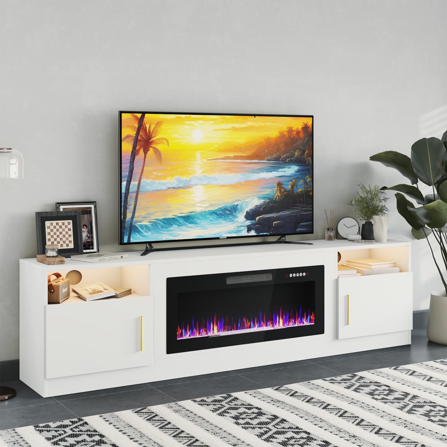 PRETZI Fireplace TV Stand with 36  Fireplace Up to 90  TVs,80  Entertainment Center with LED Lights,Remote Control,TV Media Cons