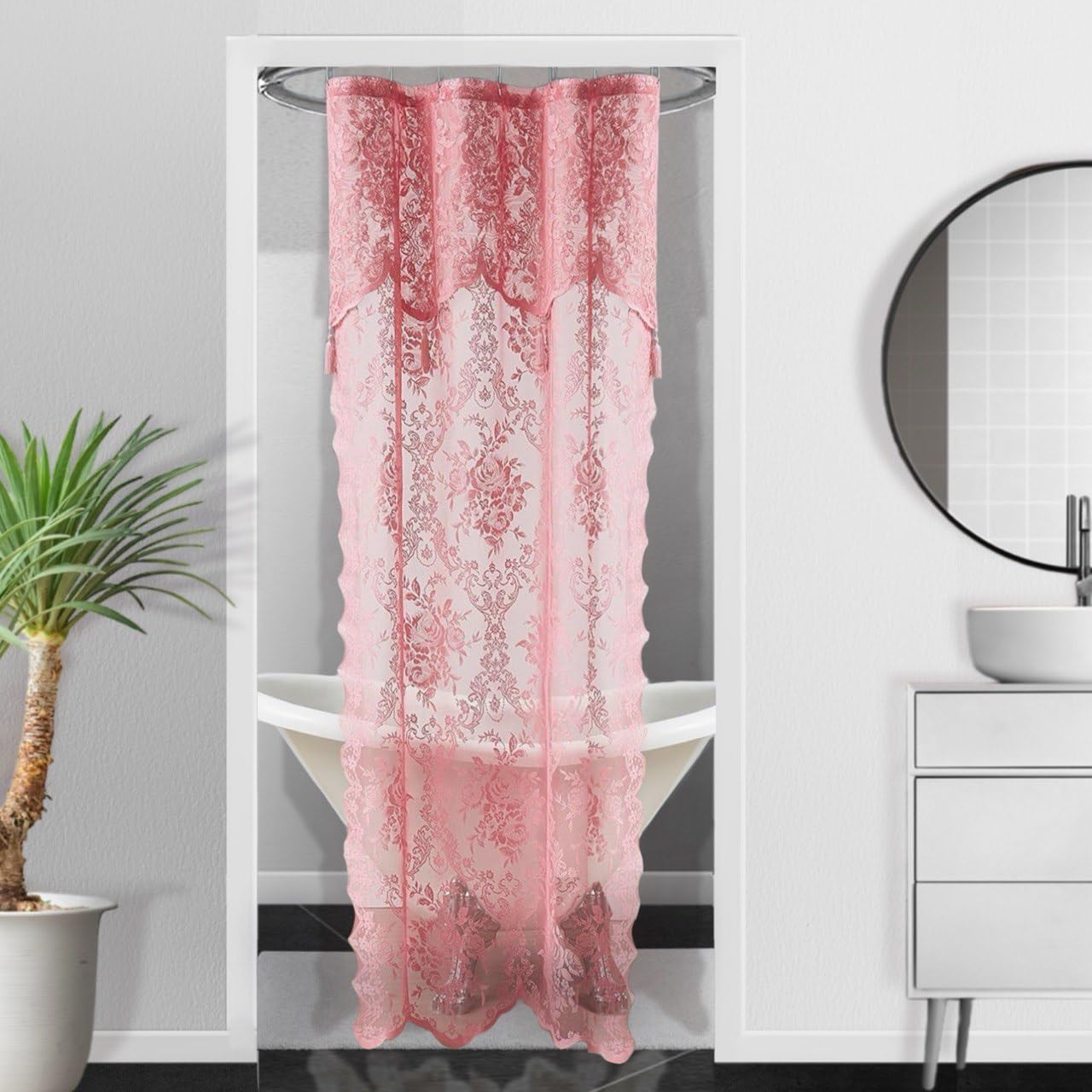 Warm Home Designs Rose Pink Stall Shower Curtain 36 x 72 Inches with Attached Valance & 4 Tassels. Luxury Lace Small Shower Curt
