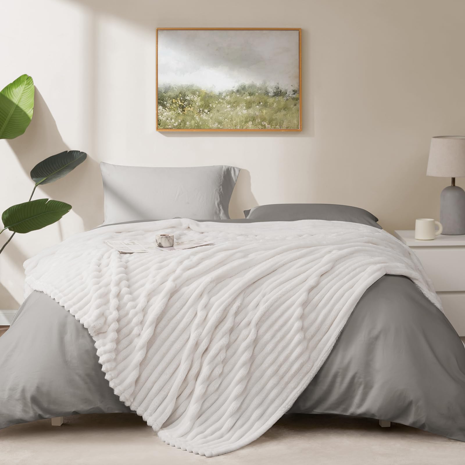 Himeet Blanket For Bed Queen Blanket Lightweight Blanket Queen Size Super Soft White Big Blanket Ridges Design Wash Up Nicely