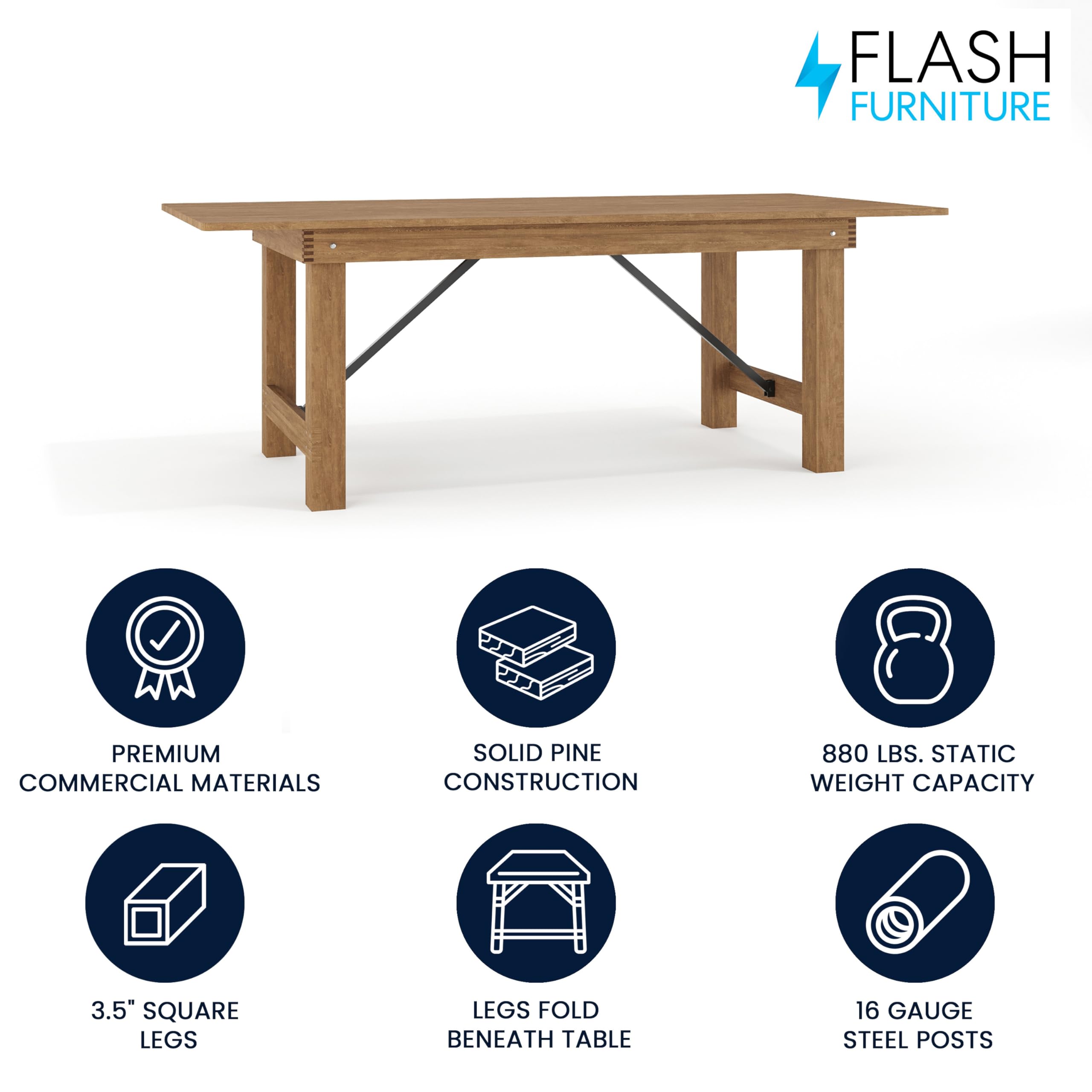 Flash Furniture Hercules Series 7' x 40&quot; Rustic Solid Pine Folding Dining Table, Rectangular Antique Farmhouse Dining and Event Extension Table
