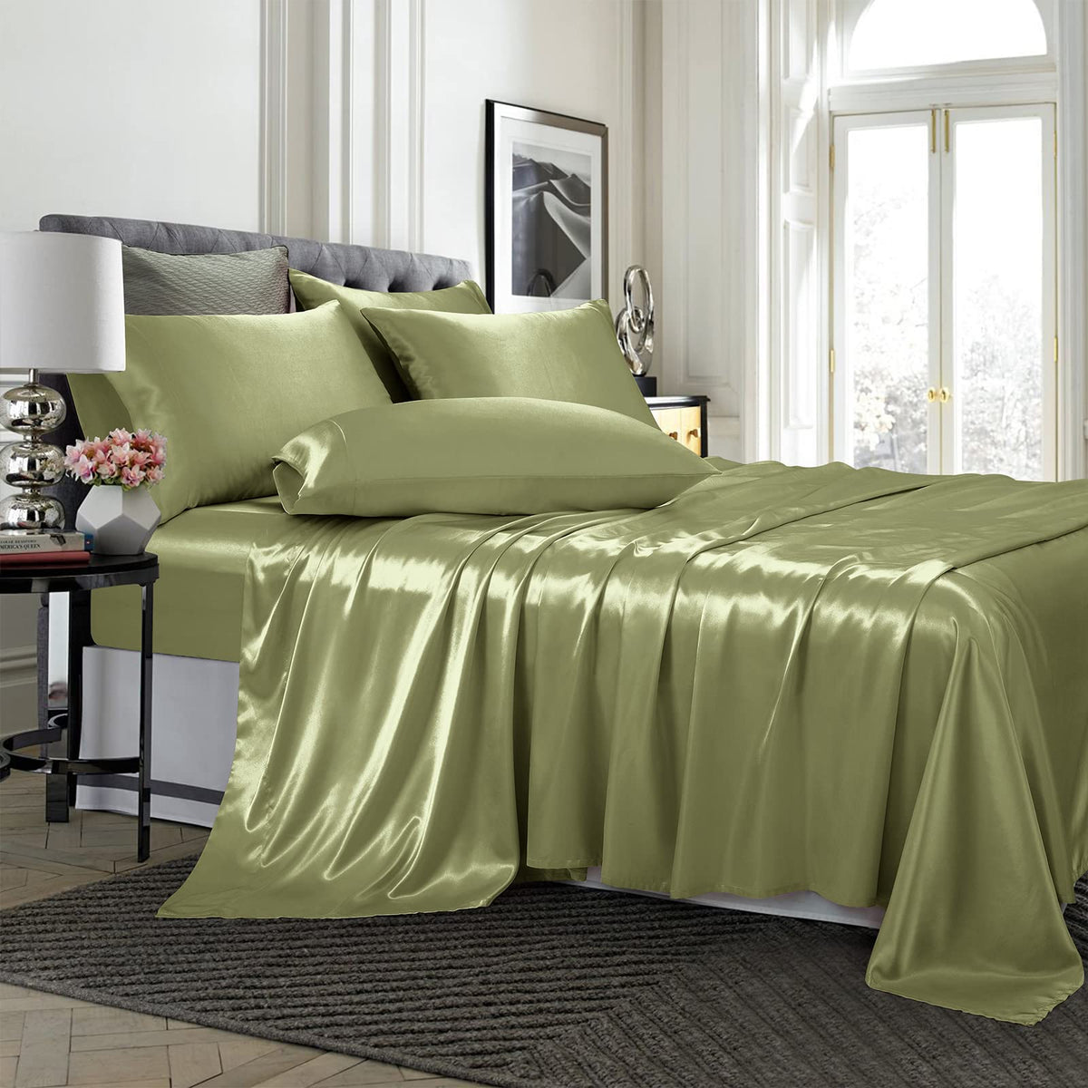 Treely Satin King Bed Sheets 6 Piece,Hotel Luxury Silky King Sheet Set With Deep Pocket,Fitted Sheet - Olive Green King Sheets,1