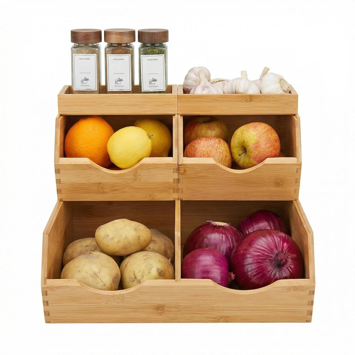 CENCODE Bamboo Pantry Storage Bins Set 5 Pieces  Stackable Baskets, Potato and Onion Storage, Bamboo Wood Storage Bins for Pant