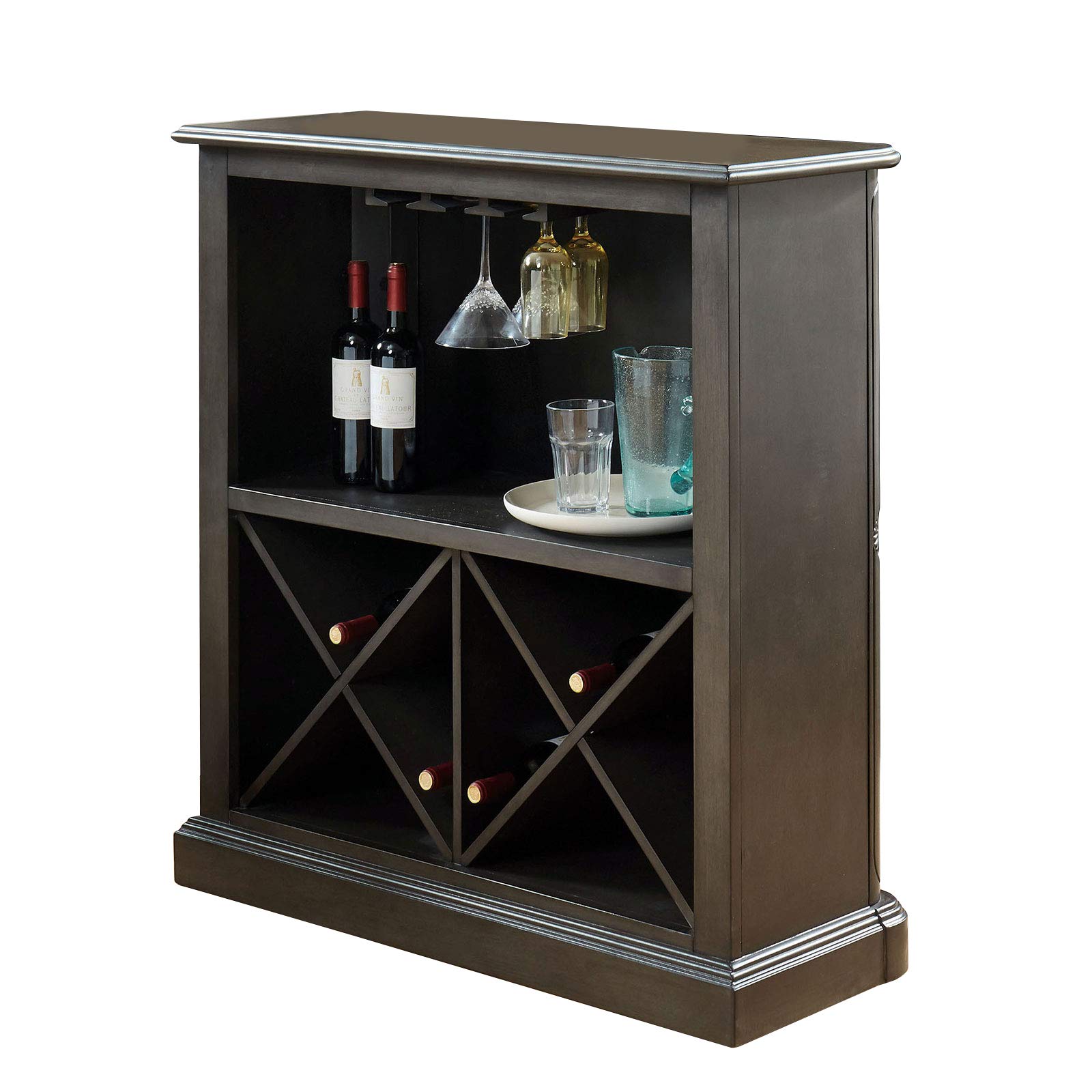 Benjara , Gray Wooden Bar Table With X Shaped Wine Holders And Wide Shelf