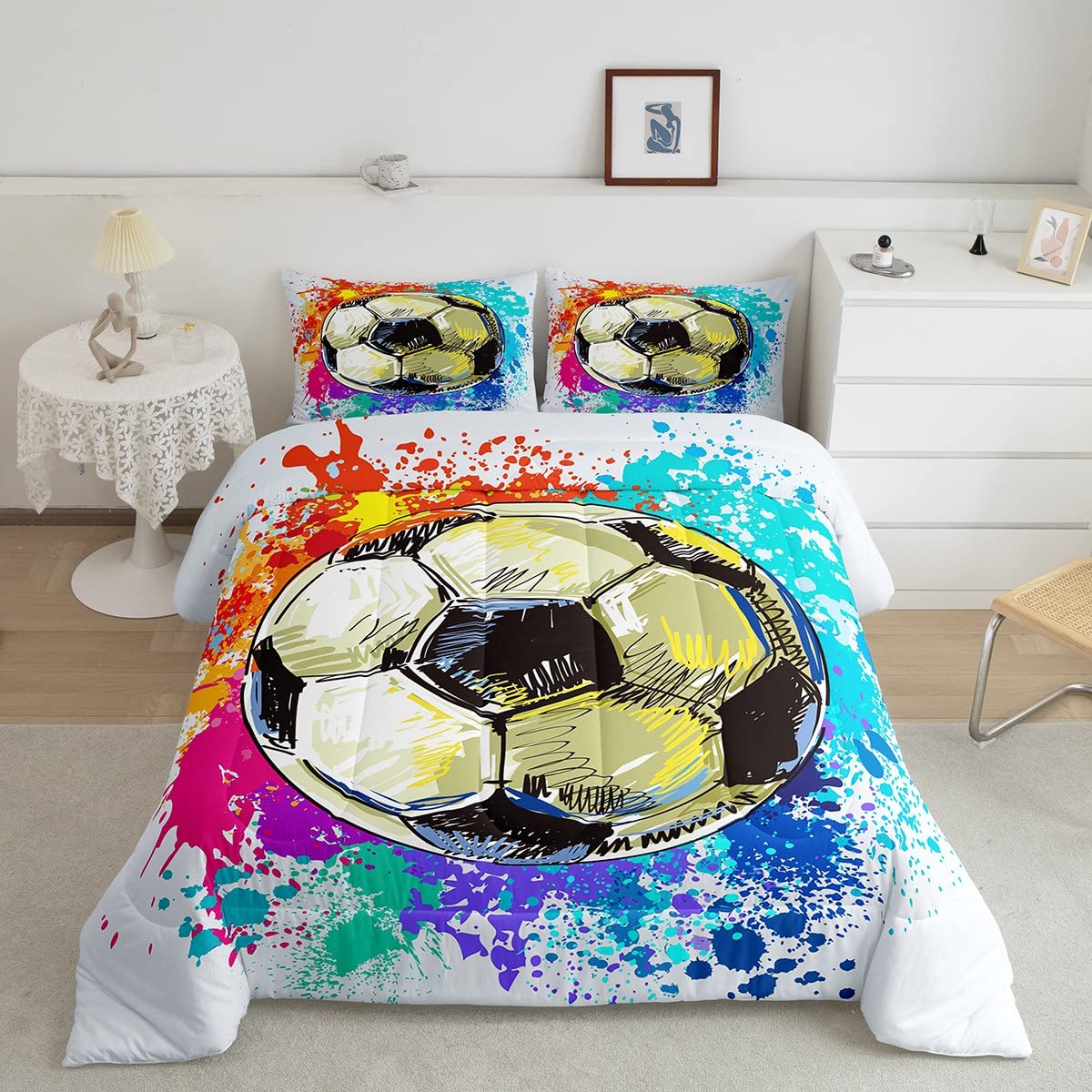 Boys Watercolor Soccer King Size Comforter Set,Kid Sports Gaming Decor All Season Bedding Set,Teens Soccer Tie-Dye Art Comforter