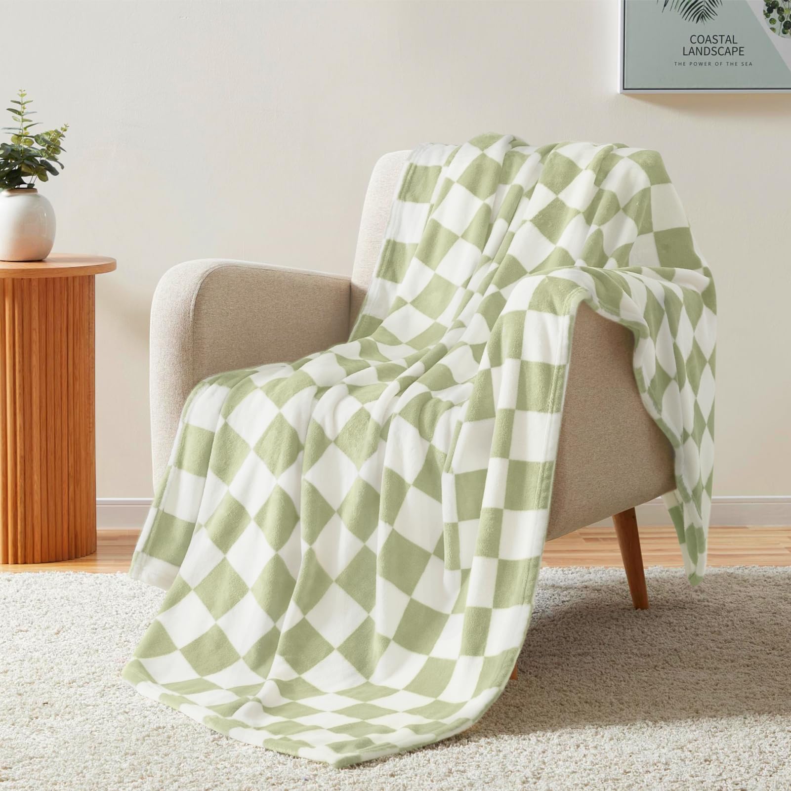 Homelike Moment Checkered Blanket Twin Size, Green Checkerboard Grid Soft Fluffy Fleece Twin Blanket, Fuzzy Cozy Plush Blanket F