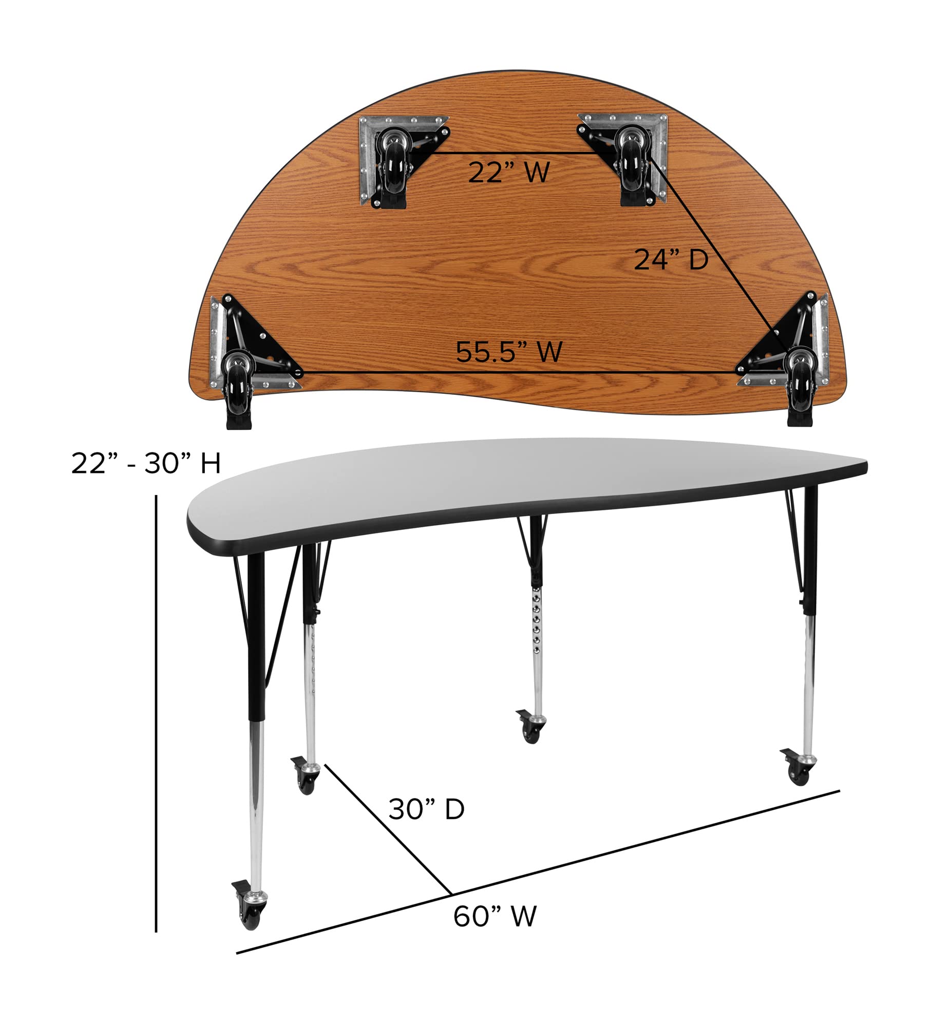 Flash Furniture 2 Piece Mobile 60" Circle Wave Collaborative Grey Thermal Laminate Adjustable Activity Table Set