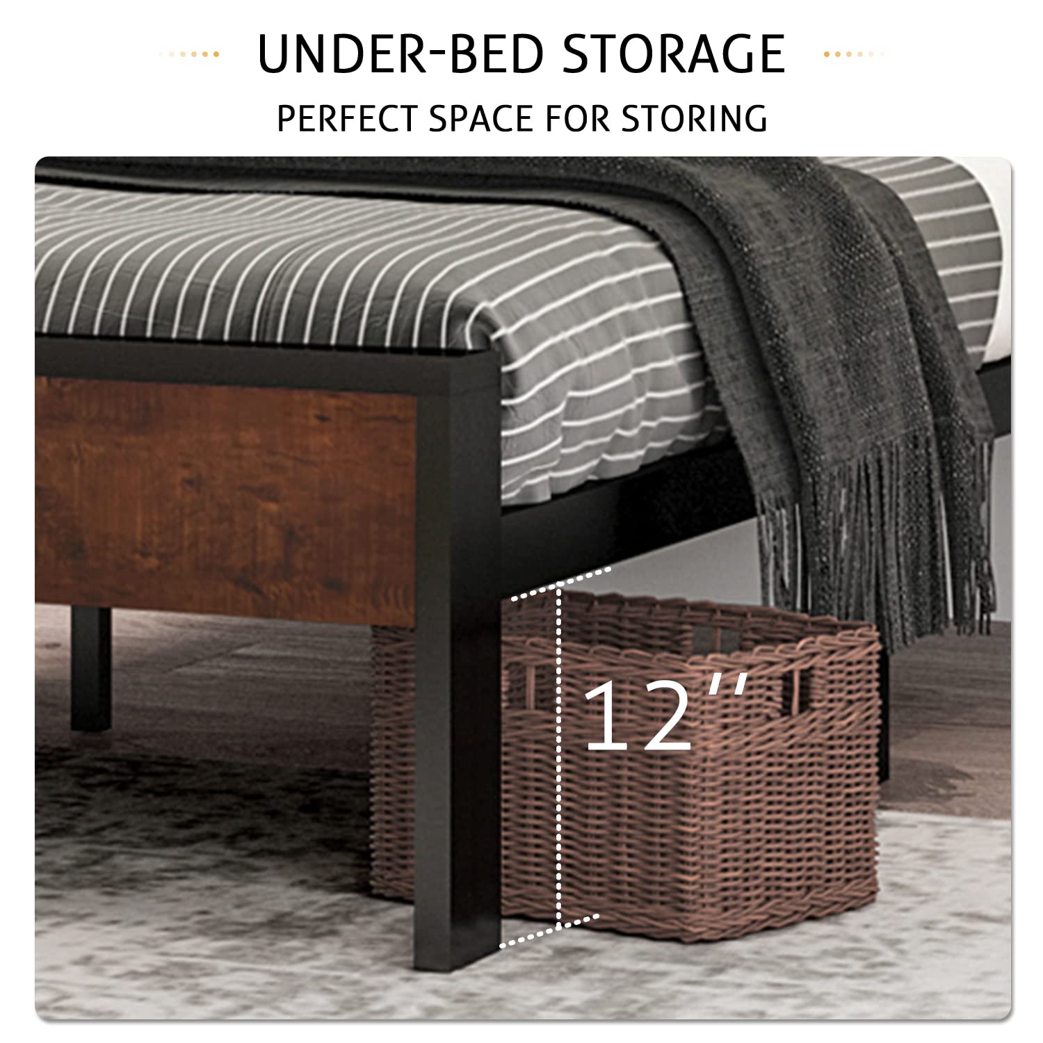 Sha Cerlin 14 Inch Queen Size Metal Platform Bed Frame With Wooden Headboard And Footboard, Mattress Foundation, No Box Spring Needed, Large Under Bed Storage, Non-Slip Without Noise, Mahogany