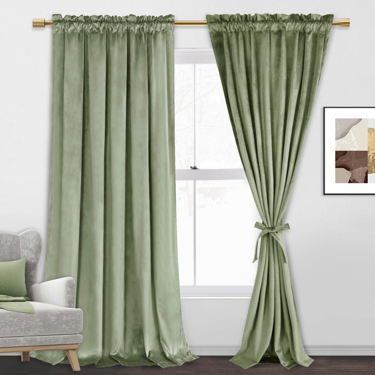 Jiuzhen Velvet Curtains 108 Inches - Sage Green Room Darkening Privacy Rod Pocket Window Curtains For Bedroom Living Bedroom Pat