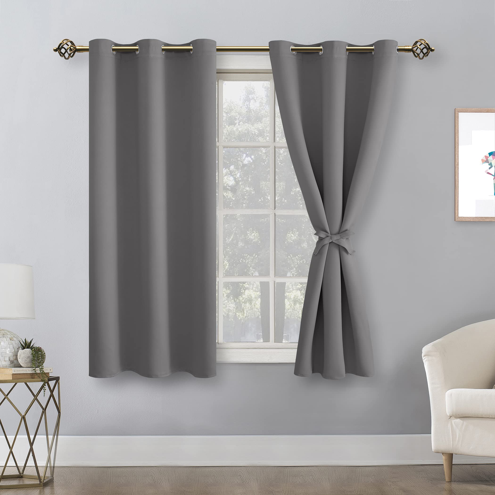 Hiasan Blackout Curtains For Bedroom - Thermal Insulated & Light Blocking Window Curtains For Living Room, 2 Drape Panels Sewn With Tiebacks, Light Grey, 38 X 54 Inch
