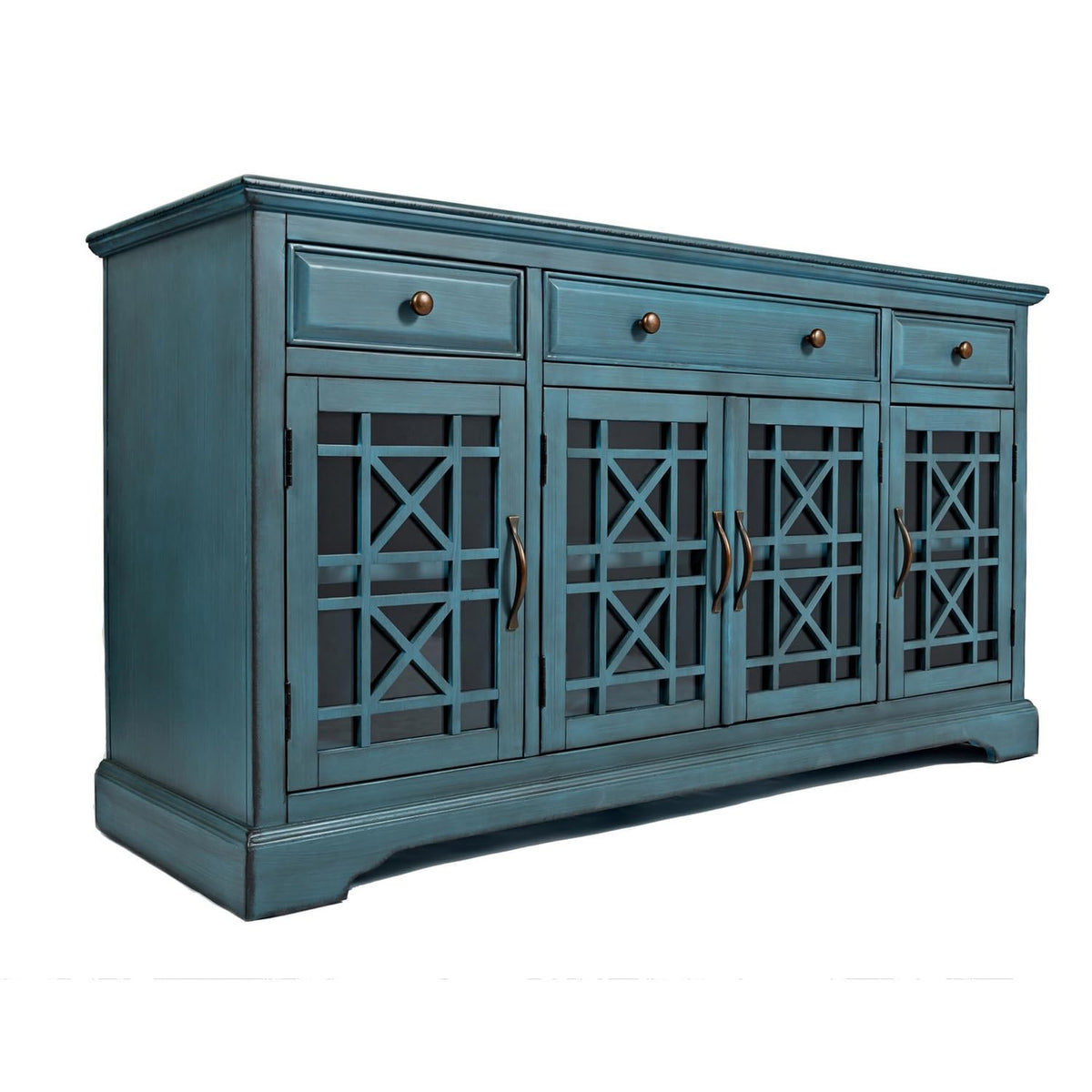 Benjara Koi 60 Inch Acacia Tv Media Entertainment Center Console, 4 Glass Doors, Crossed Wood Design, Antique Blue, 60-Inch