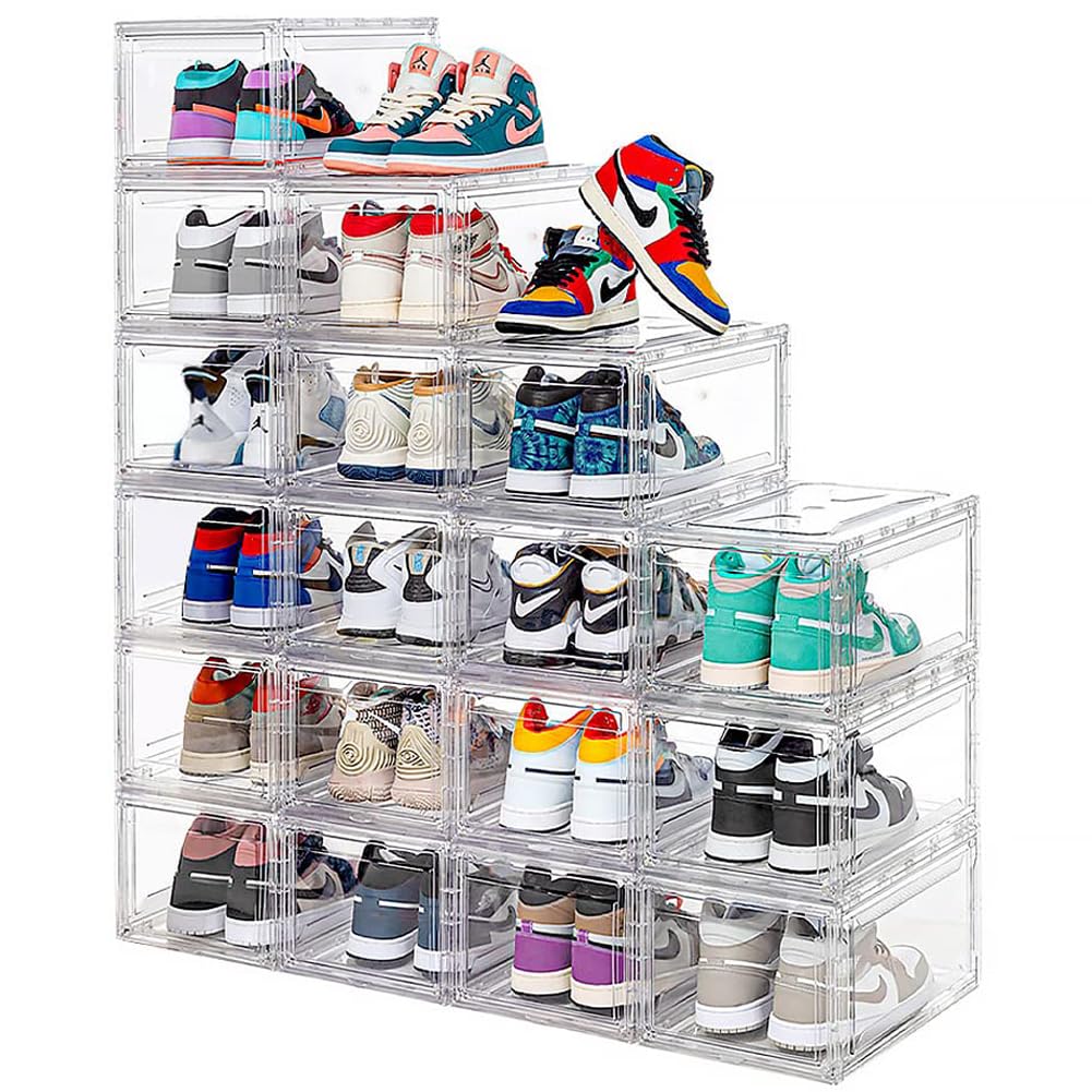 12 Pack Acrylic Clear Shoe Boxes- Ultra Clear Plastic Stackable Sneaker Storage For Sneakerhead. Professional Grade Shoe Display