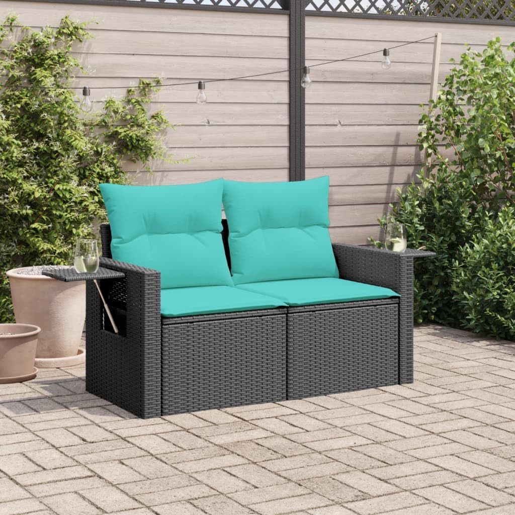 vidaXL Patio Sofa with Cushions - 2-Seater Outdoor Loveseat - Black PE Rattan - Foldable Side Table - Storage with Water-Resistant Bag