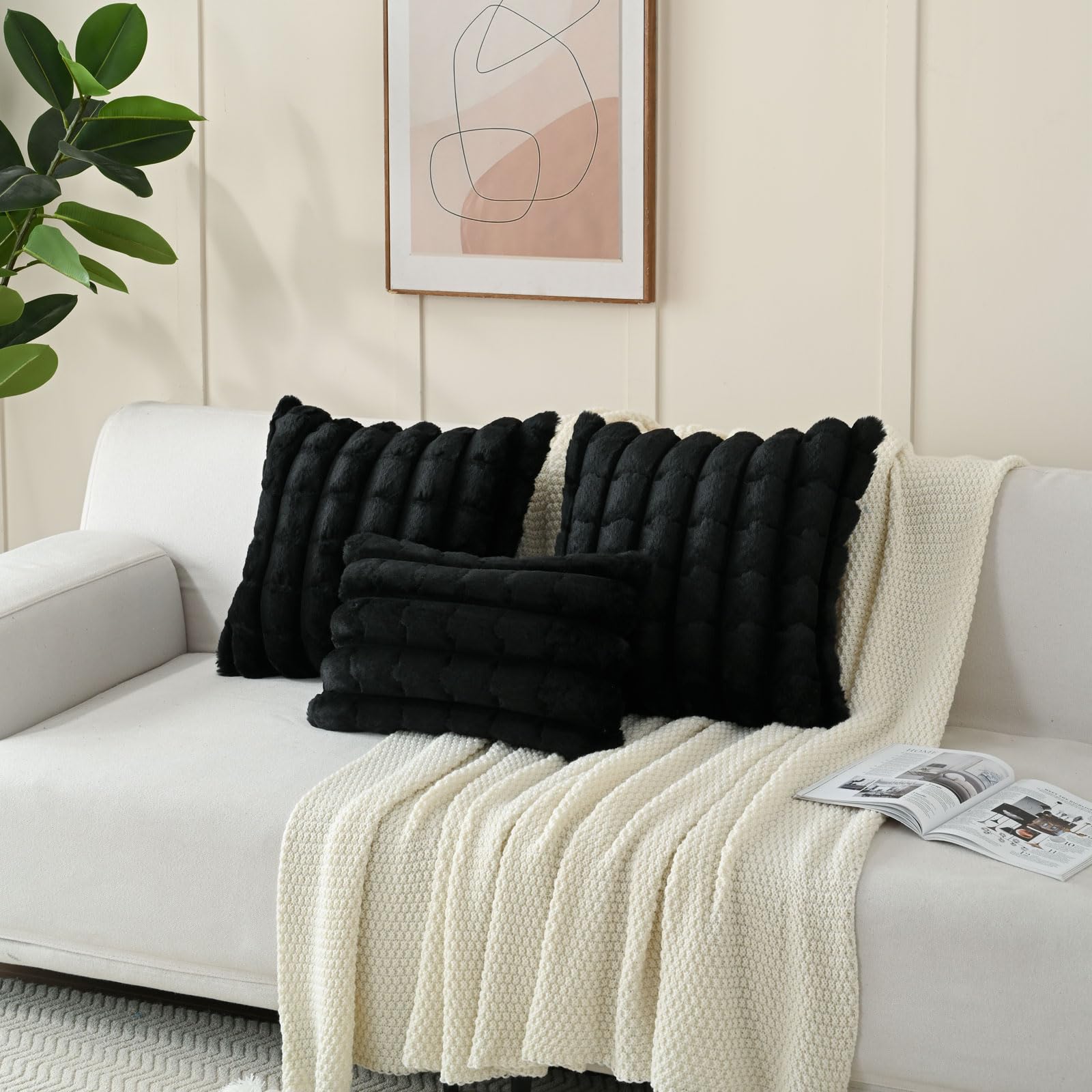 Futei Black Decorative Throw Pillow Covers 18X18 Inch Set Of 2, Square Soft Faux Rabbit Fur Big Plaid Cushion Cover,Home Decor F