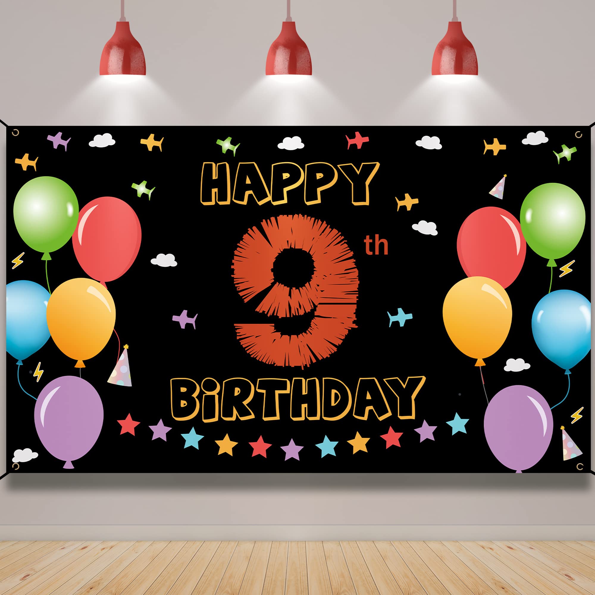 9th Birthday Backdrop Banner, Happy 9th Birthday Decorations for Girls Boys, 9 Year Old Birthday Yard Sign, Colorful Ninth Birth