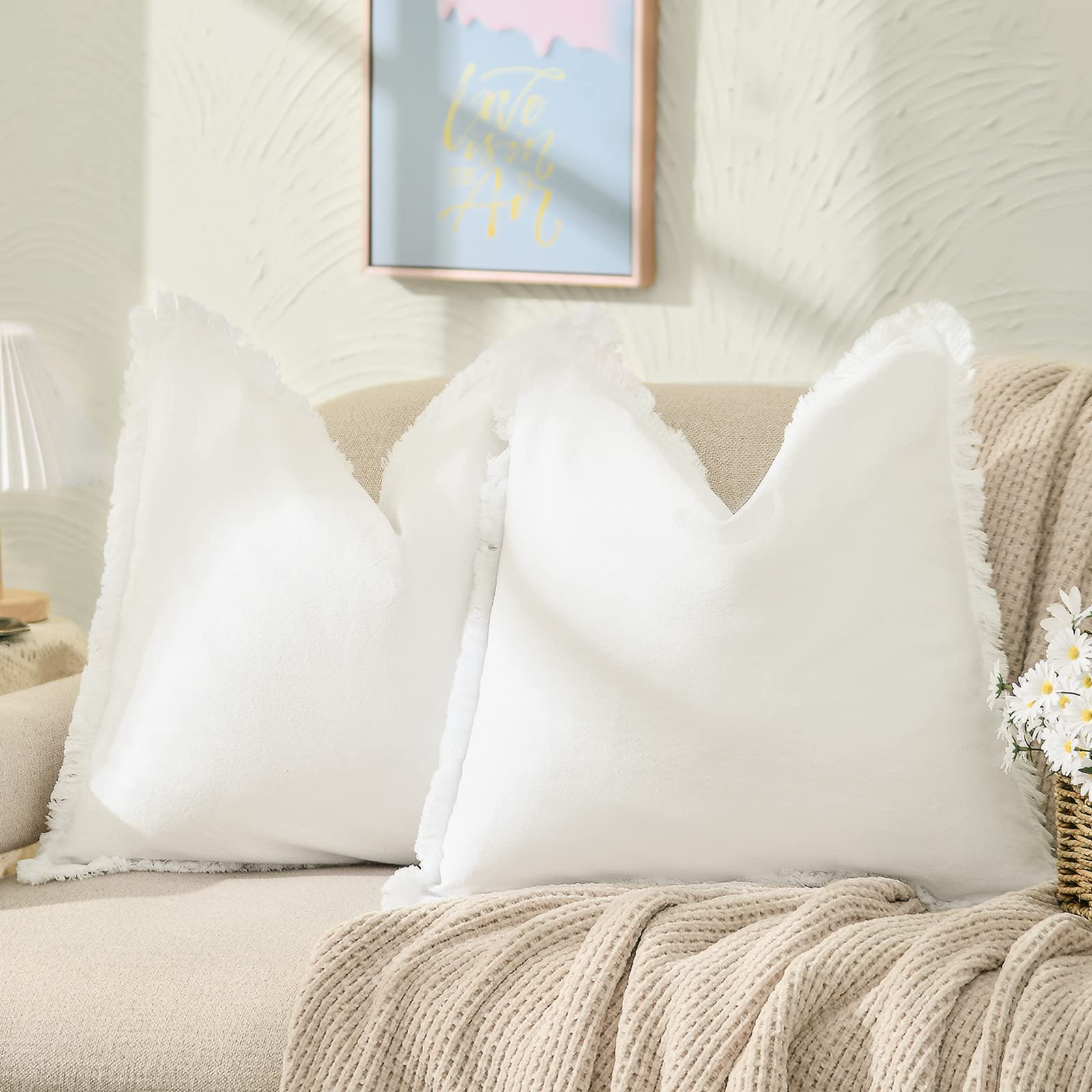 Zwjd Pillow Covers 24X24 Set Of 2 Cream Throw Pillow Covers With Fringe Chic Cotton Decorative Pillows Square Cushion Covers For