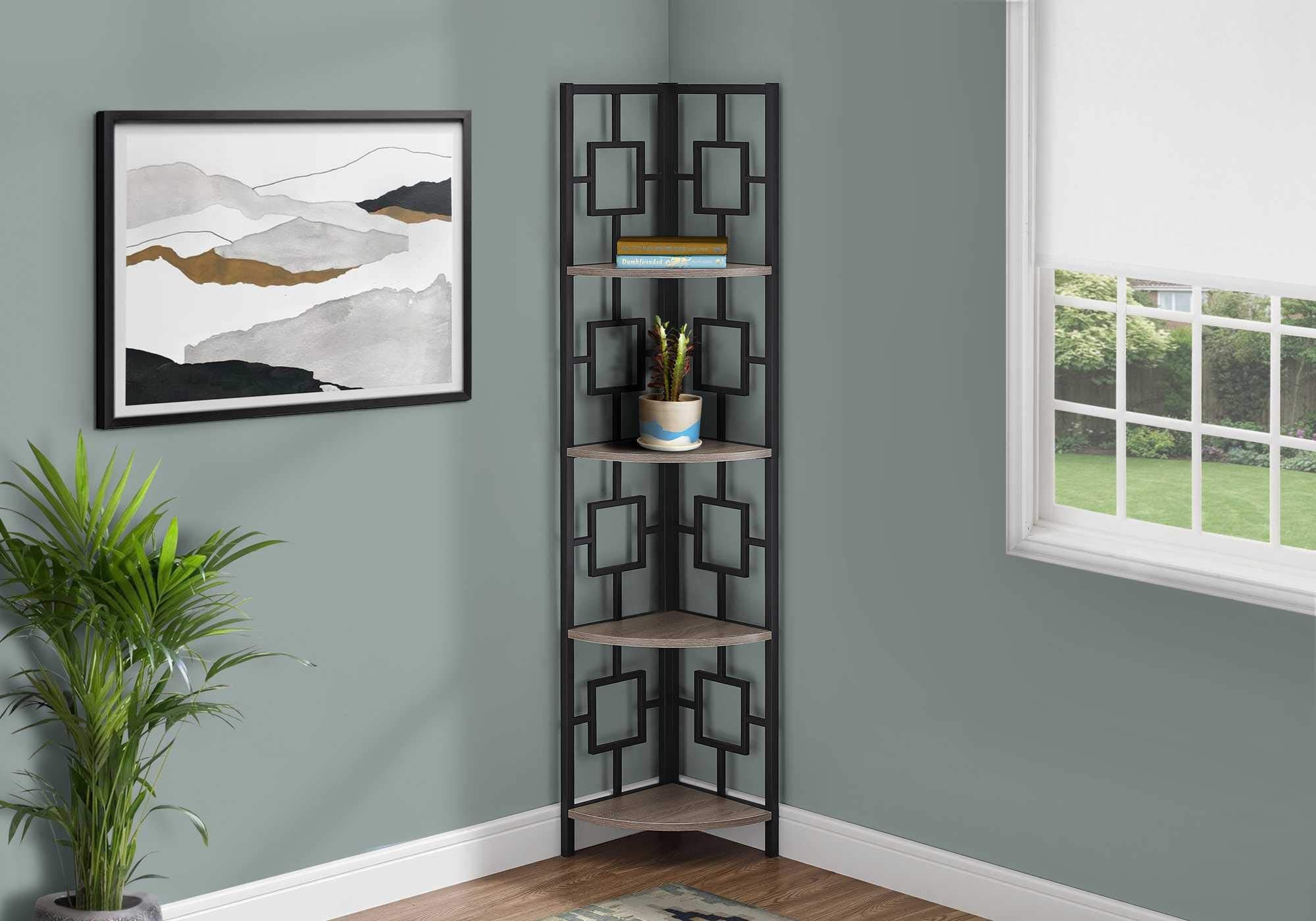 HomeRoots Dark Taupe,Black Metal,Particle Board 62&quot; Dark Taupe and Black Metal Corner Bookcase with 4 Shelves