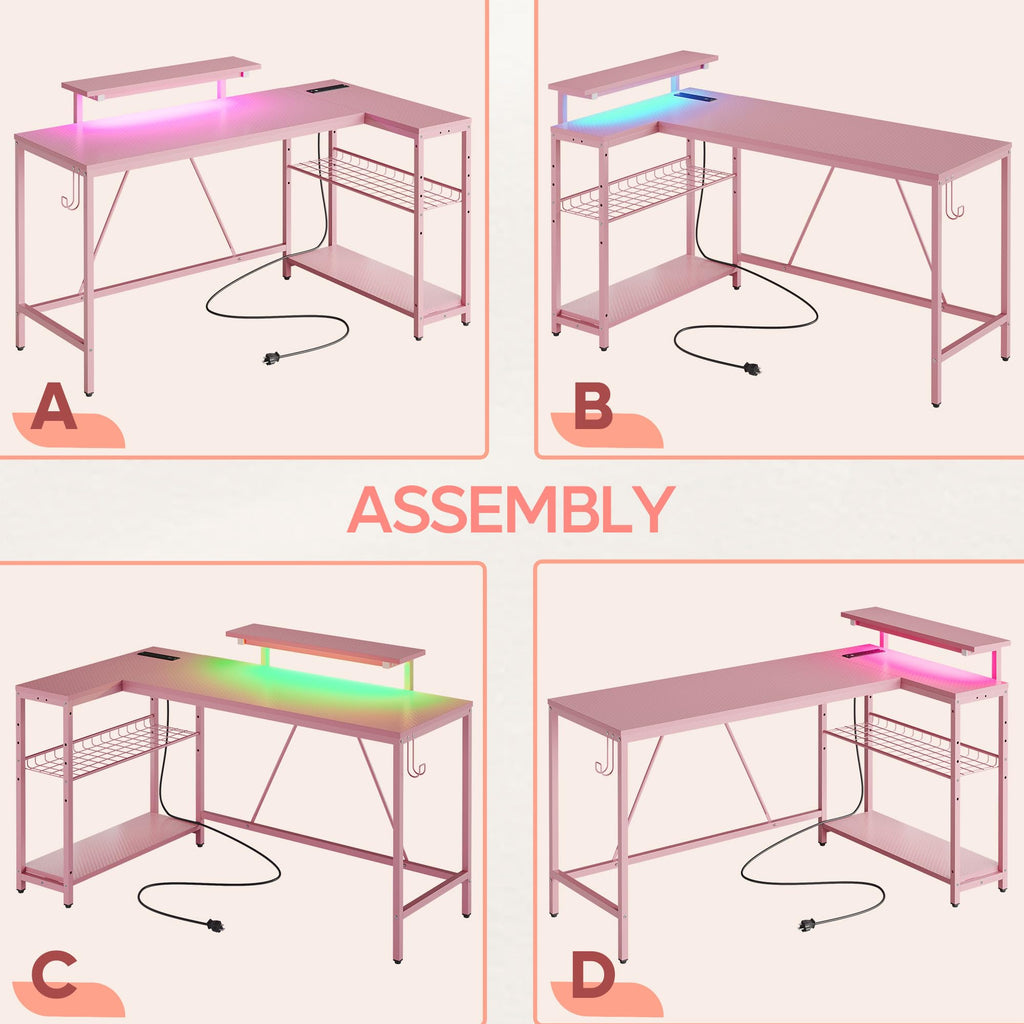 Bestier L Shaped Gaming Desk With Power Outlets,58 Led Small Corner Desk With Reversible Storage Shelves,Pink Computer Desk With Headset Hooks Desk For Living Room And Dormitory