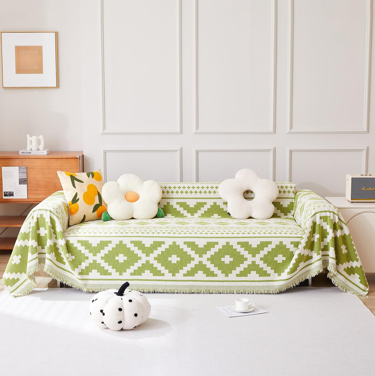 Handontime Green Sofa Covers Boho Sofa Couch Cover For Dogs Cheille Reversible Couch Covers For Sofa Boho Geometric Dog Couch Cover Protector Sectional Couch Covers Loveseat Cover, 71' X118'