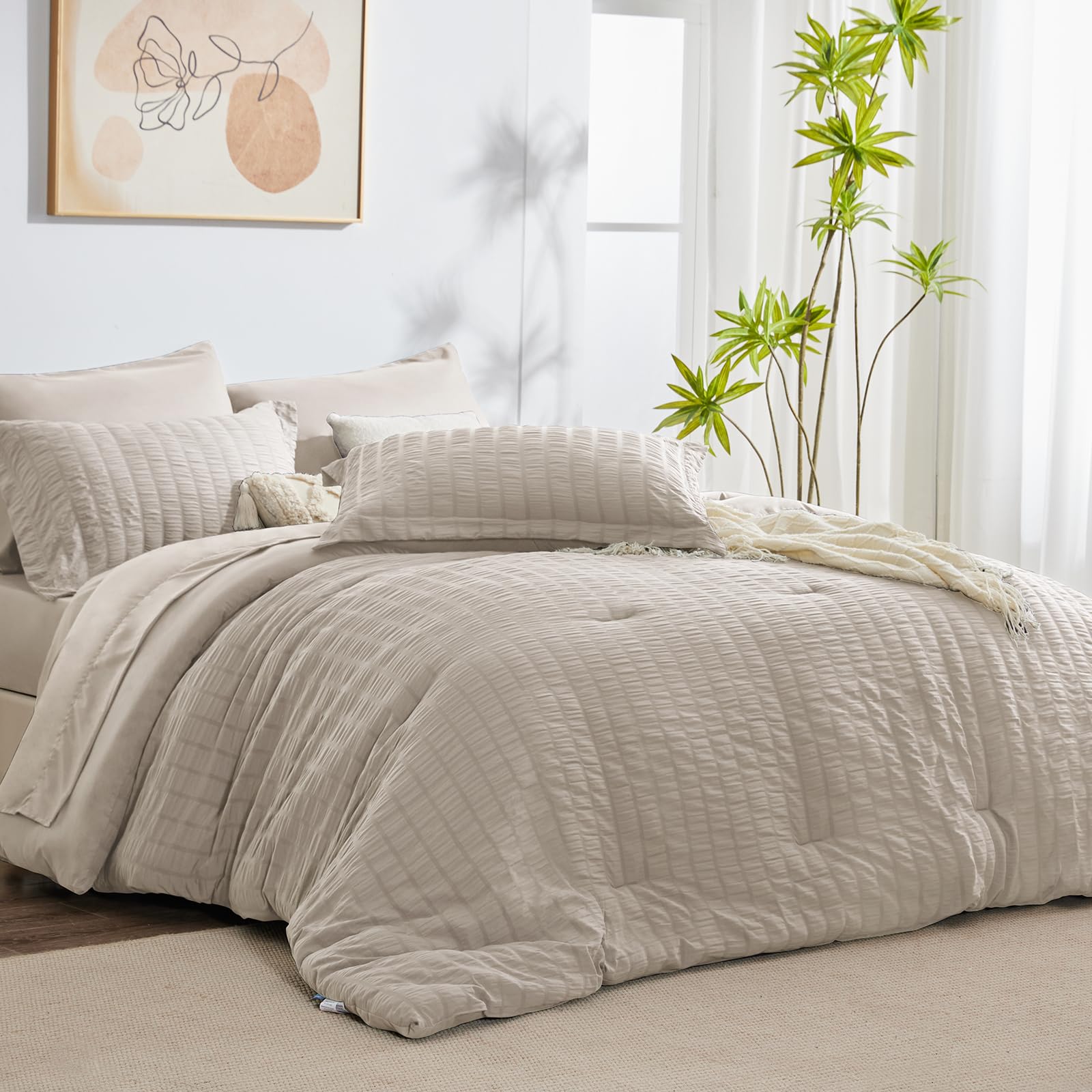 Cozylux King Seersucker Comforter Set With Sheets Beige Bed In A Bag 7-Pieces All Season Bedding Sets With Comforter, Pillow Sham, Flat Sheet, Fitted Sheet, Pillowcase