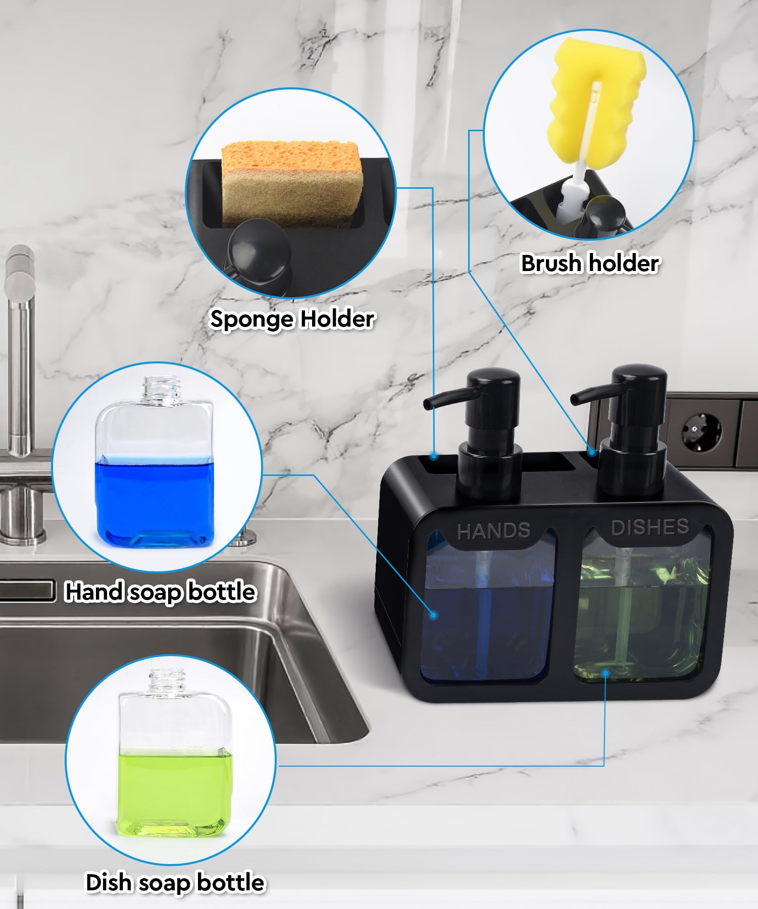 Kitchen Hand Soap And Dish Soap Dispenser Set, Dual Soap Dispenser With Sponge Caddy And Brush Holder 4-In-1 Organizer For Kitch