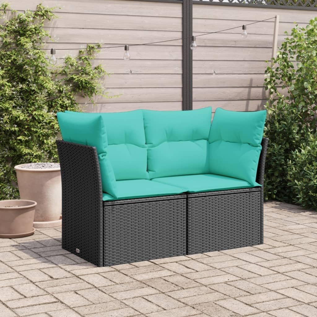vidaXL Patio Sofa with Cushions - 2-Seater Outdoor Loveseat - Black Poly Rattan - Storage Function - Comfortable - UV-Resistant