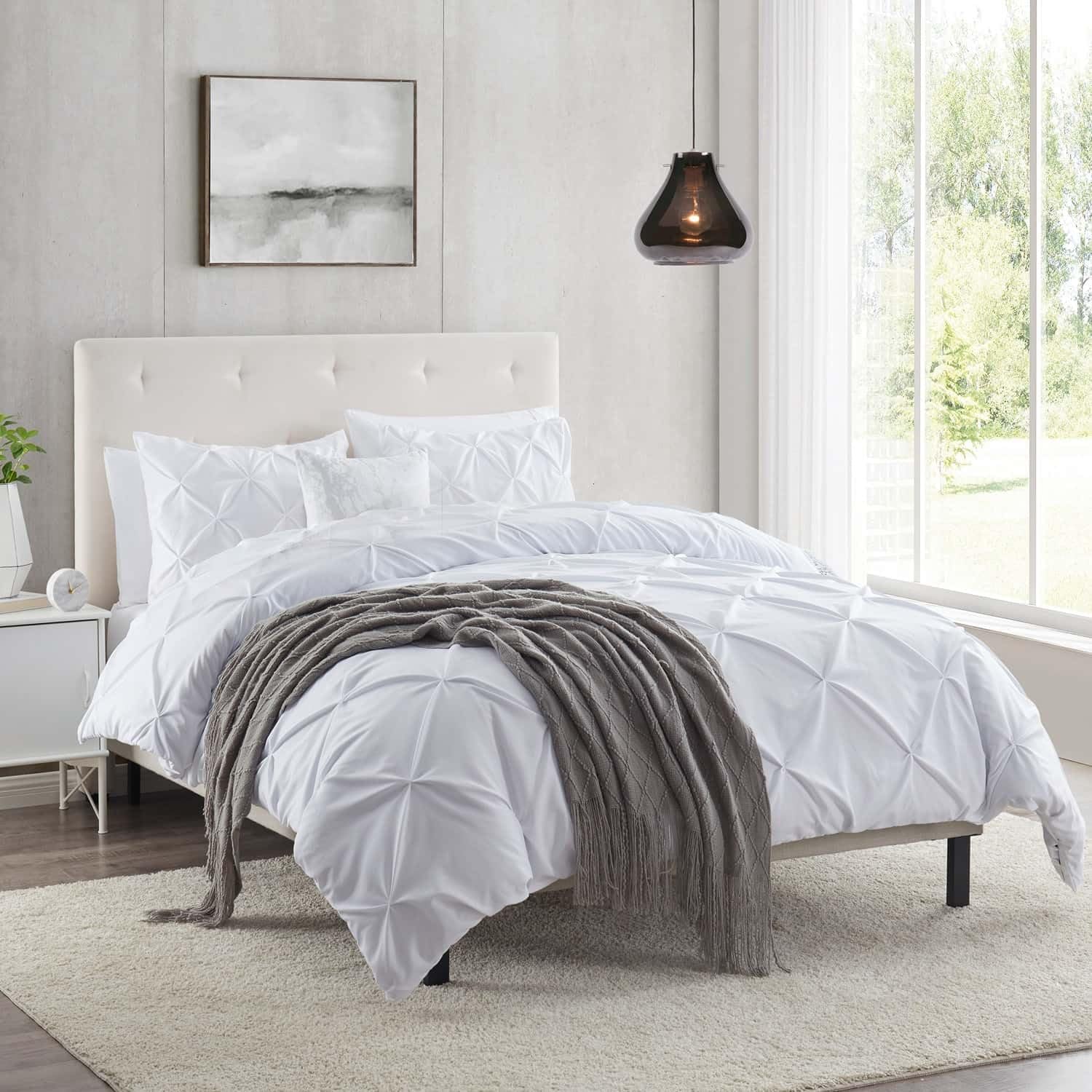 Nestl White Duvet Cover King Size - Pintuck King Duvet Cover Set, 3 Piece Double Brushed Duvet Cover With Button Closure, 1 Pinc