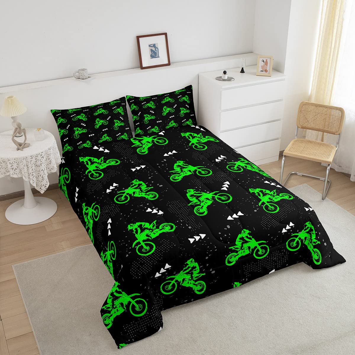 Feelyou Boys Dirt Bike Bedding Set Cool Sports Comforter Set For Kids Boys Motocross Rider Comforter Fluorescent Green Bike Quil
