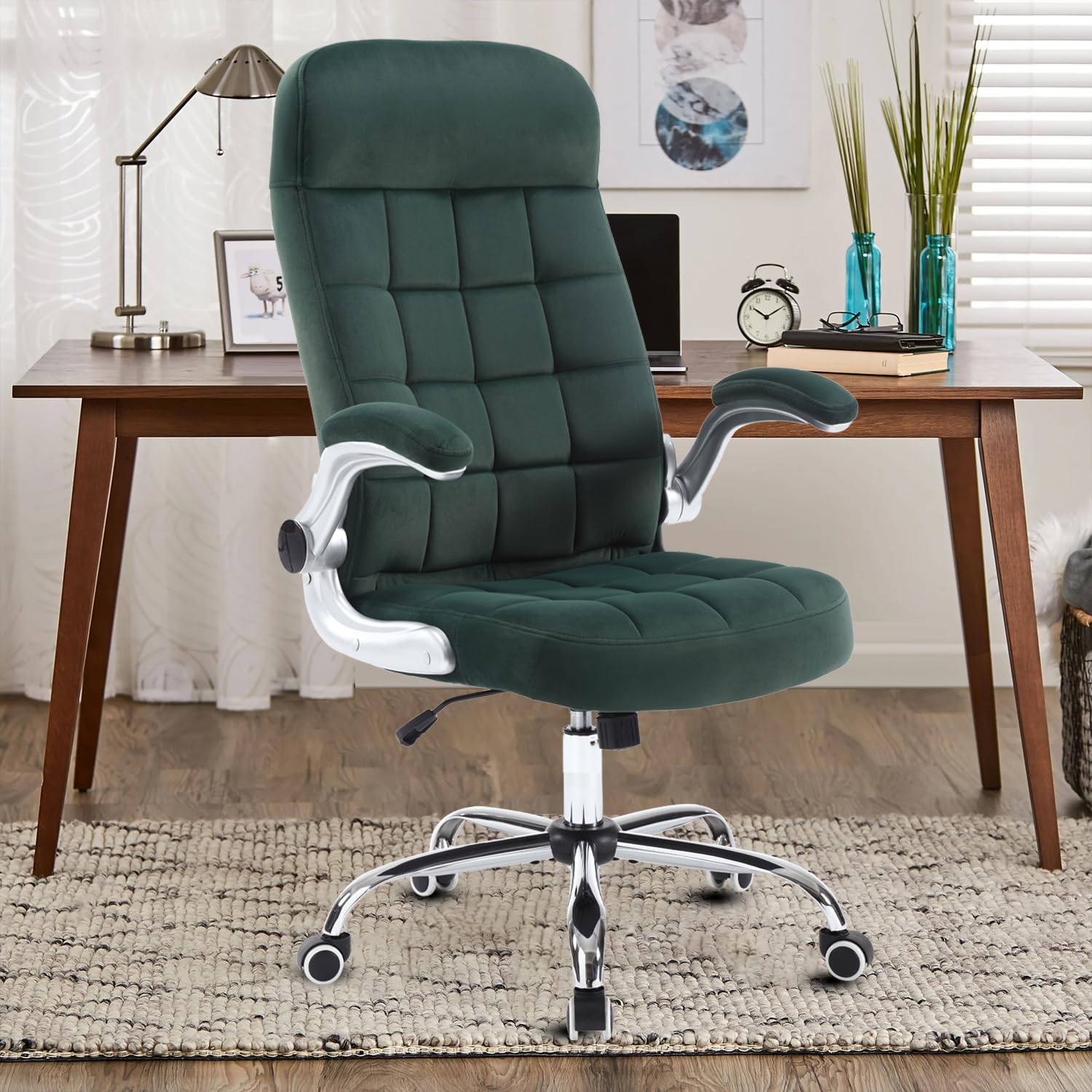 Reficcer High Back Fabric Office Chair, Velvet Executive Desk Chair With Flip-Up Arms, Ergonomic Office Chairs With Lumbar Suppo
