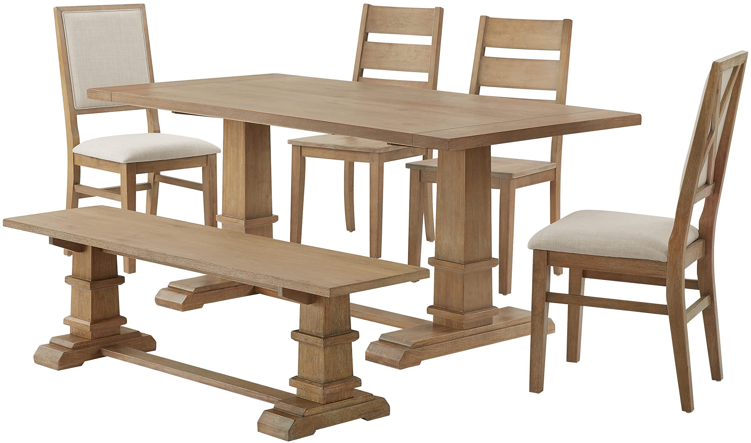 Crosley Furniture Joanna 6-Piece Modern Farmhouse Dining Table Set for 7 with a Wood Bench and 4 Chairs, Rustic Brown/Creme