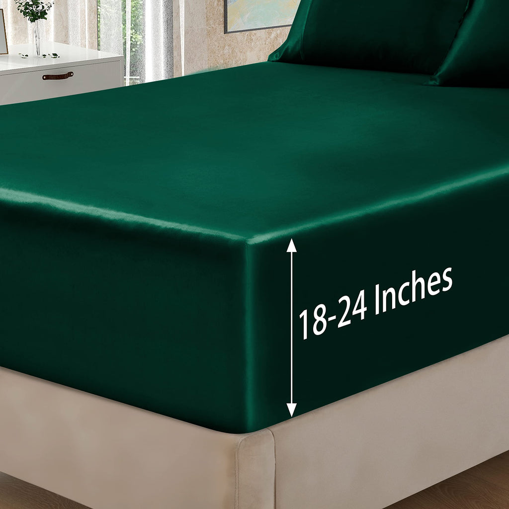 Homiest 4Pcs Extra Deep Pocket Satin Sheets Queen Size Bed Set, 18-24 Inch Deep Pocket Bed Sheets Blackish Green Satin Sheet Set, Silky Satin Bedding Set Soft Fitted Sheet Set Fits Ultra Deep Mattress