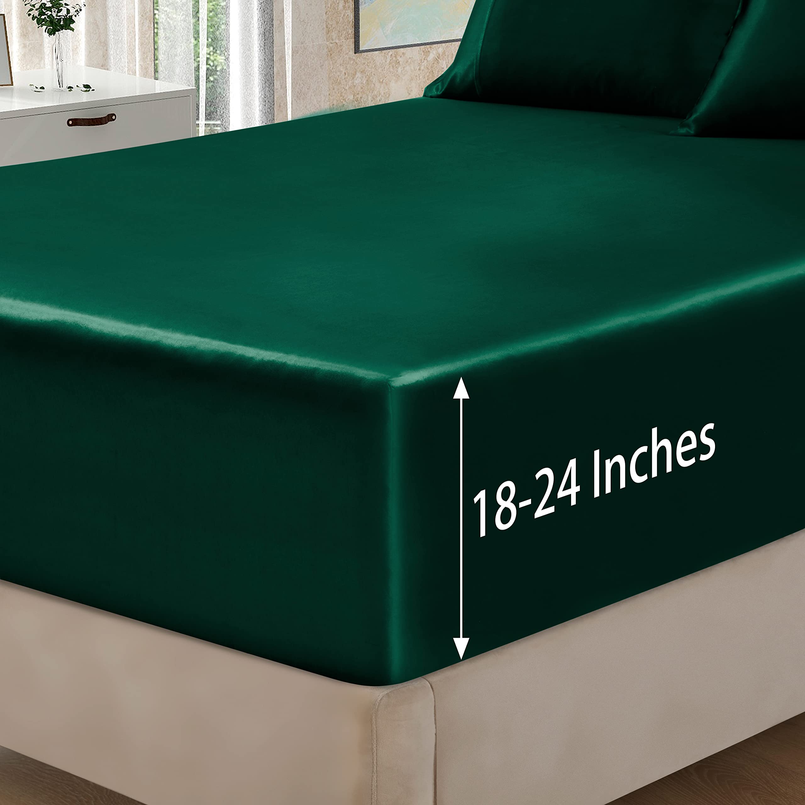 Homiest 4Pcs Extra Deep Pocket Satin Sheets Queen Size Bed Set, 18-24 Inch Deep Pocket Bed Sheets Blackish Green Satin Sheet Set, Silky Satin Bedding Set Soft Fitted Sheet Set Fits Ultra Deep Mattress