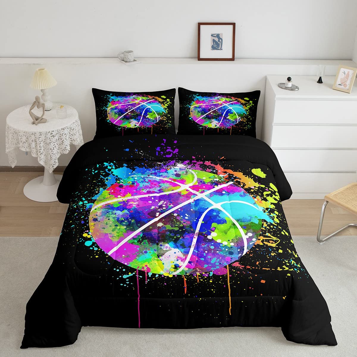Basketball Comforter Set Queen Size,Watercolor Tie-Dye Bedding Set Kids Young Man,Color Graffiti Hip Hop Style Comforter For Tee