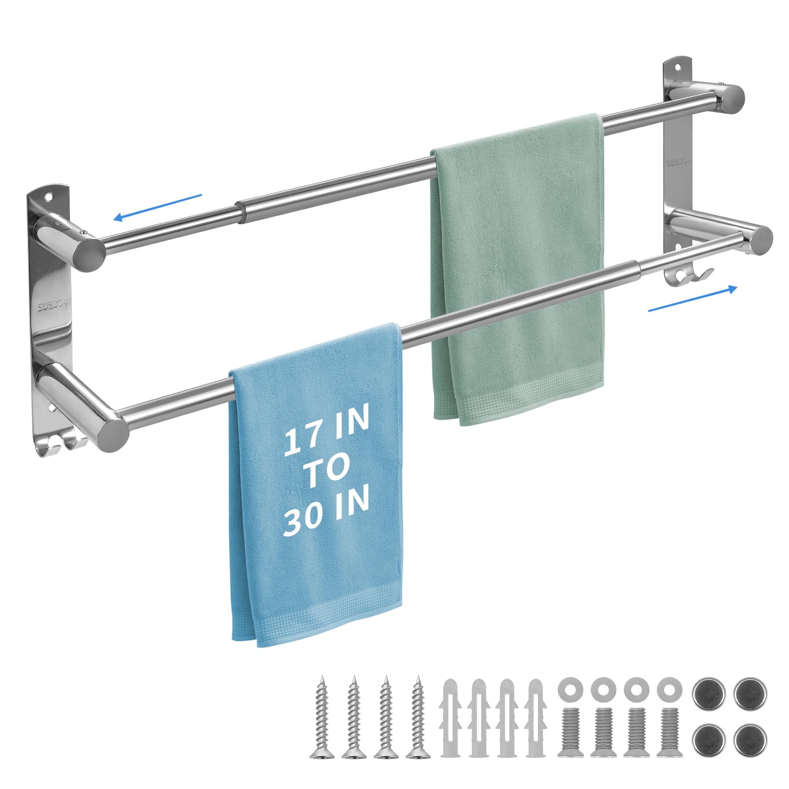 zmnklry Adjustable Towel Bar & Rack for Bathroom - Stainless Steel Double Towel Holder, 17-30In