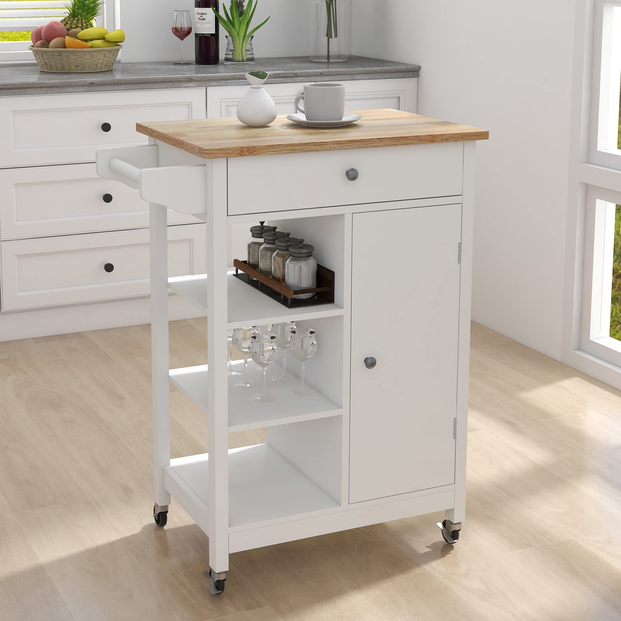 Lumisol Kitchen Island Cart On Wheels With Storage, Small Rolling Kitchen Cart Side Tabl With 3 Open Shelves & Towel Rack, Kitch