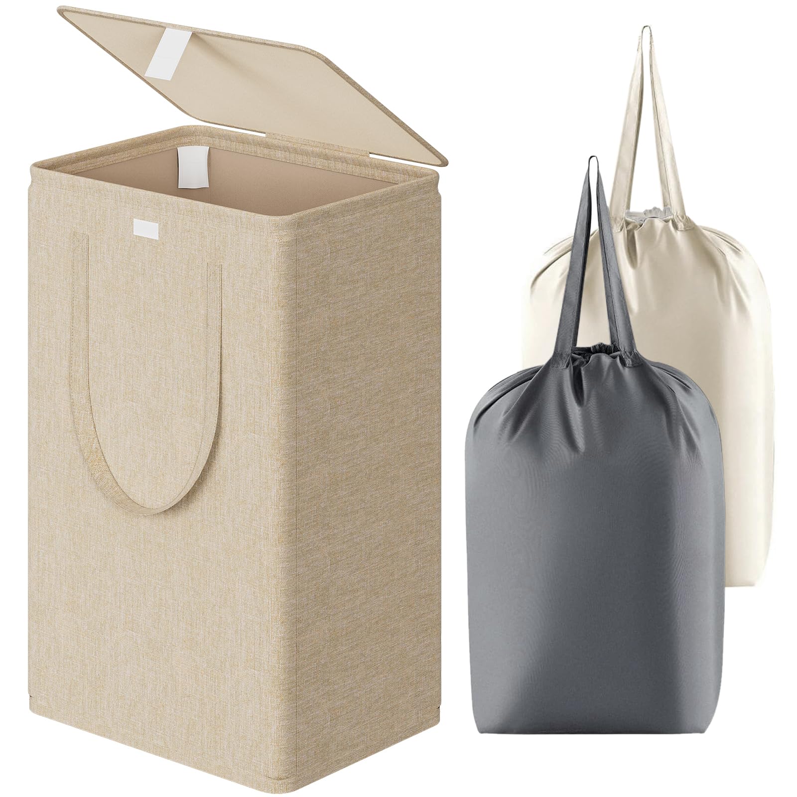 WOWLIVE 100L Laundry Hamper with Lid, Large Foldbale Laundry Basket with 2 Removable Bags and Handles, Tall Collapsible Dirty Cl