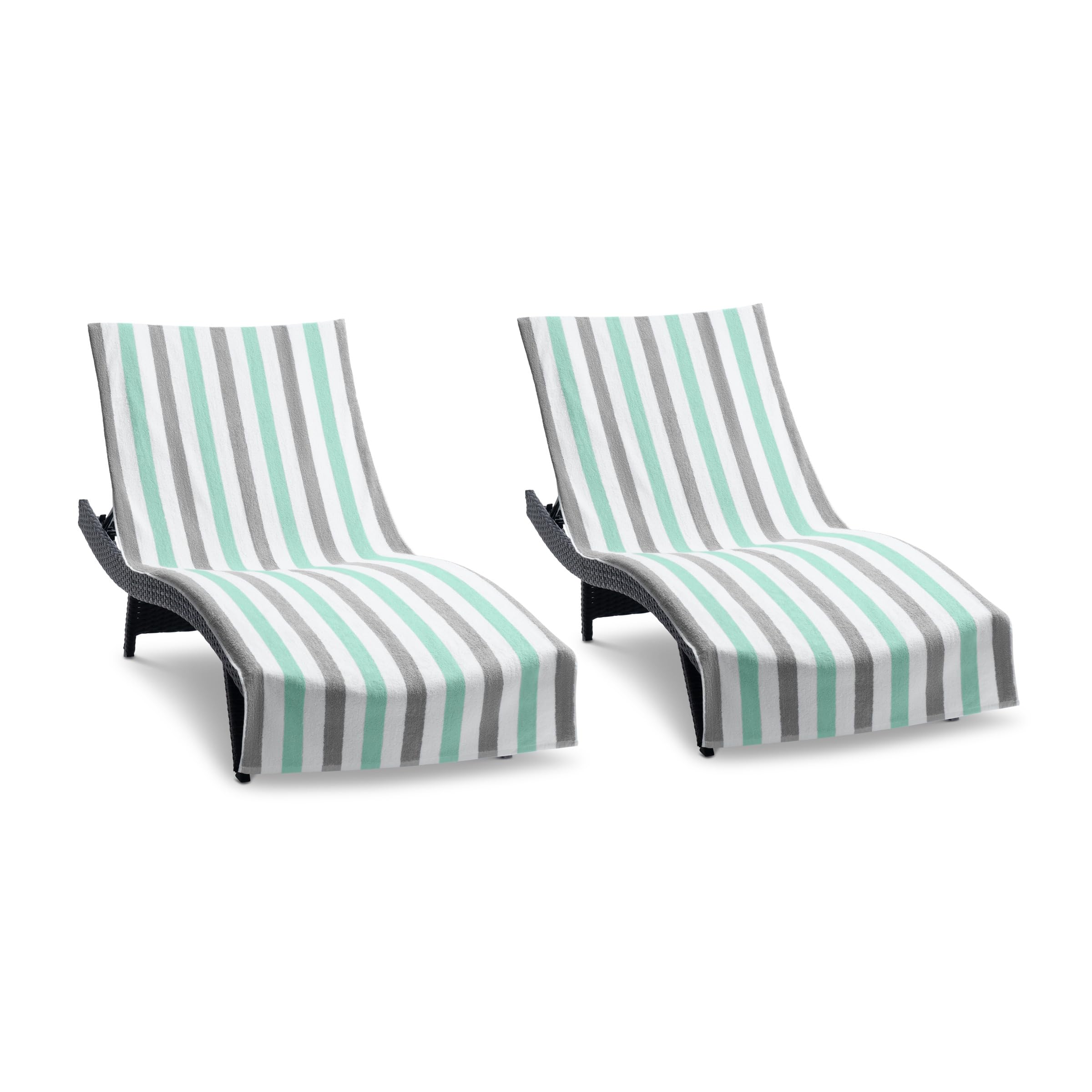 Arkwright Cabo Chaise Lounge Cover - Pack Of 2 - Striped Soft Cotton Cabana Towel With Pocket Holder For Beach Pool Outdoor Chair, 30 X 85 In., Grey/Mint