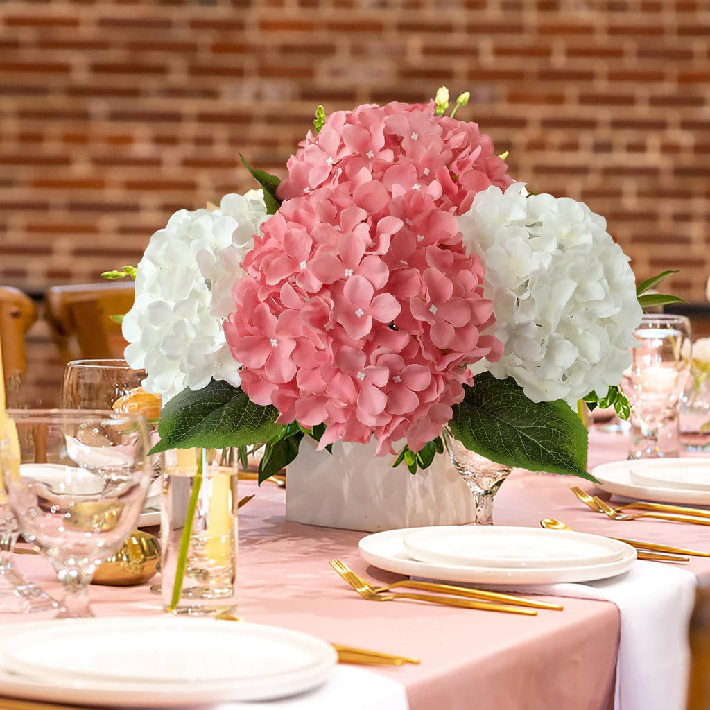 Jinwoe 5Pcs 20Inch Large Pink Silk Hydrangea, Cameo Brown Lifelike Artificial Flower Heads With Stems Fake Hydrangeas Flowers Fo